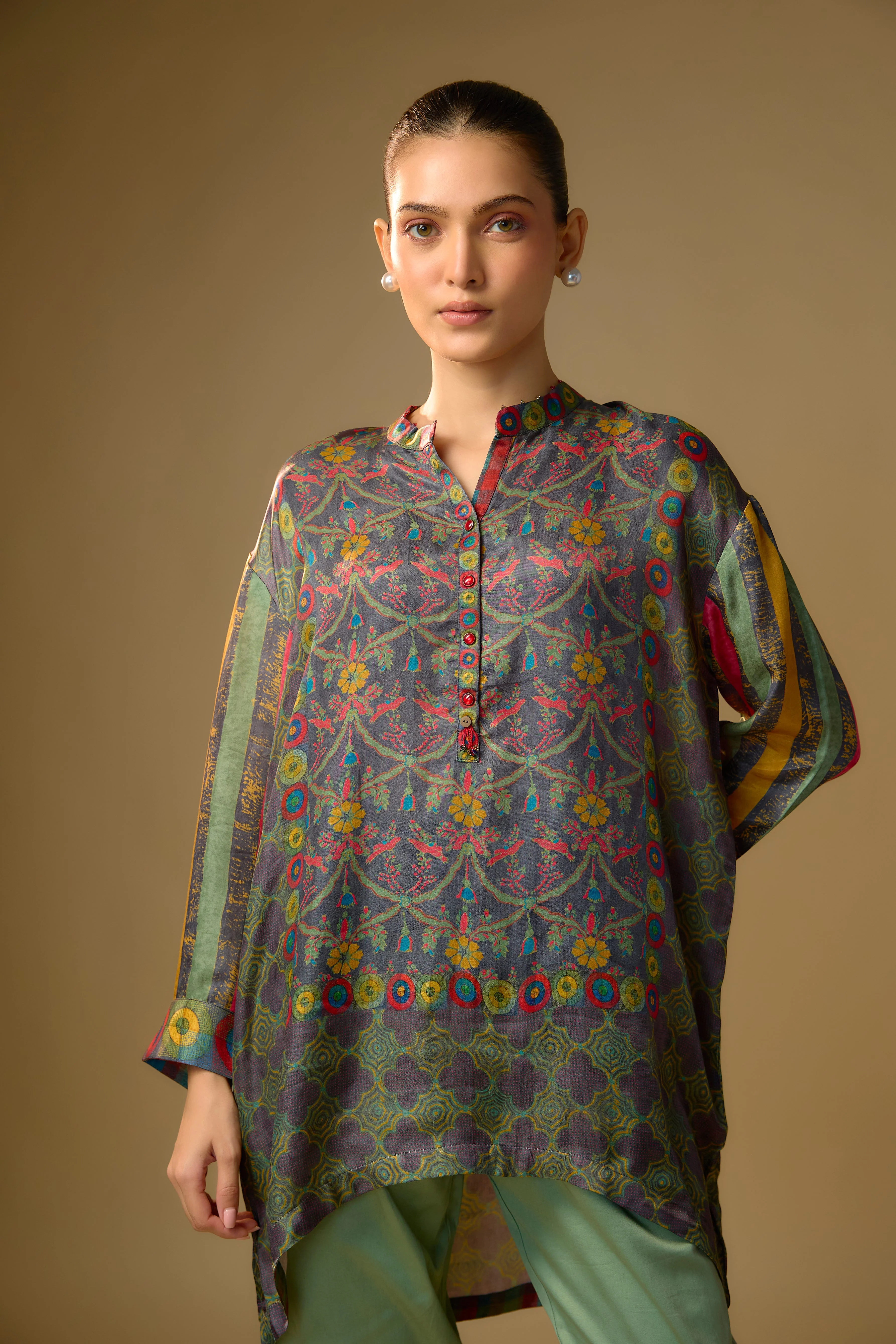 Grey Printed Slub Cotton Silk Tunic Top - Image 2