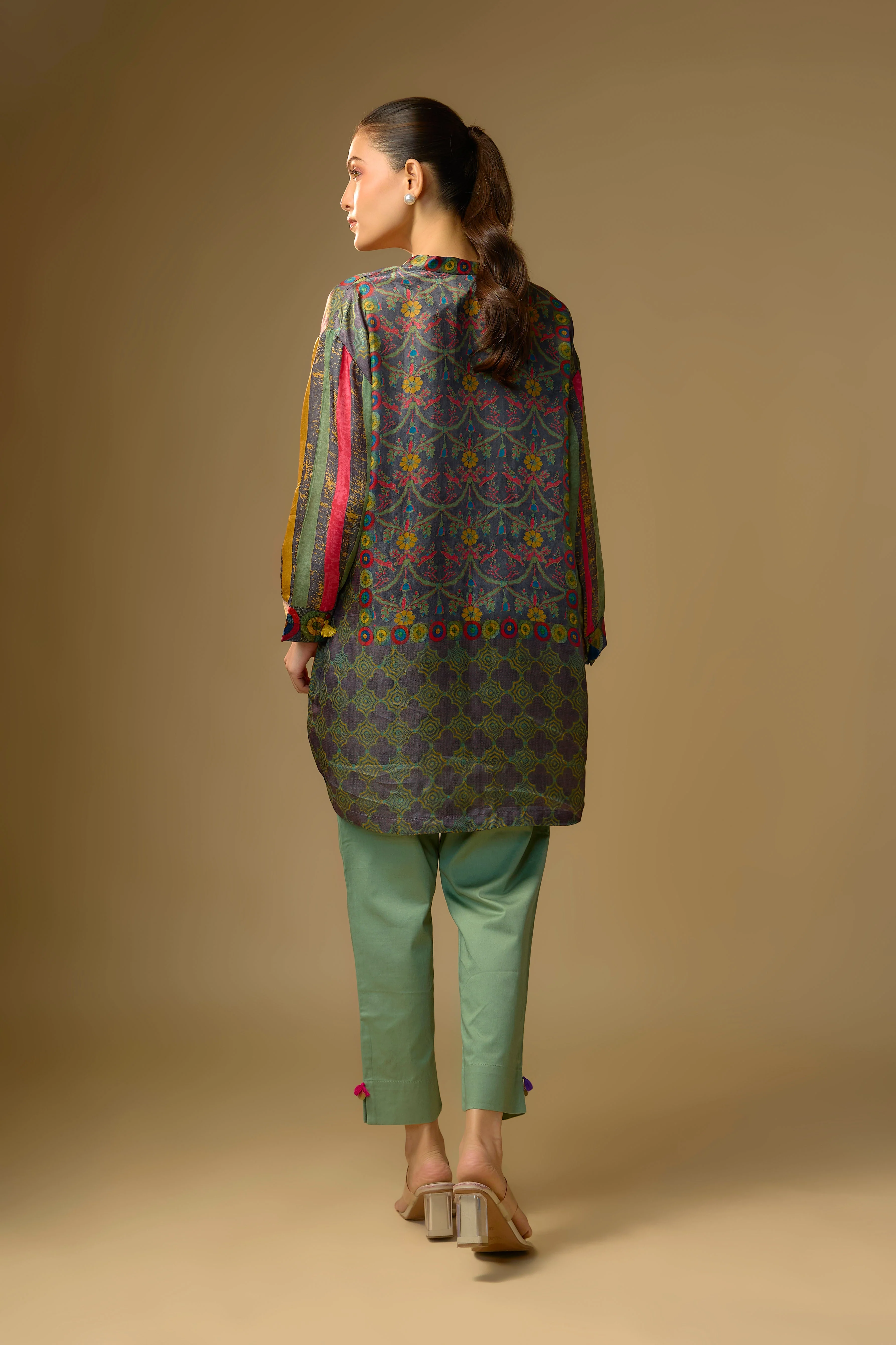 Grey Printed Slub Cotton Silk Tunic Top - Image 3