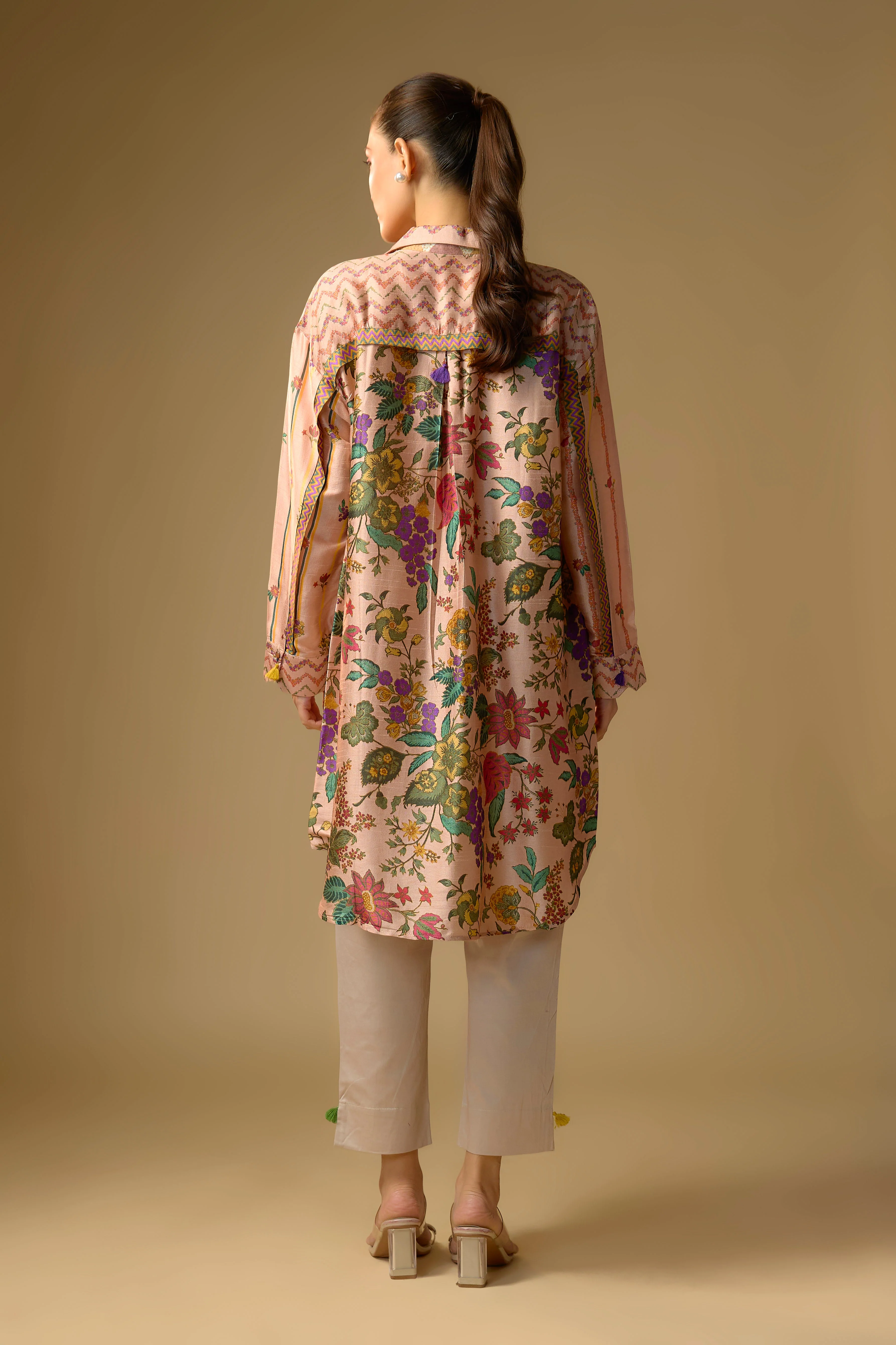Light Pink Printed Slub Cotton Silk Tunic Top - Image 3