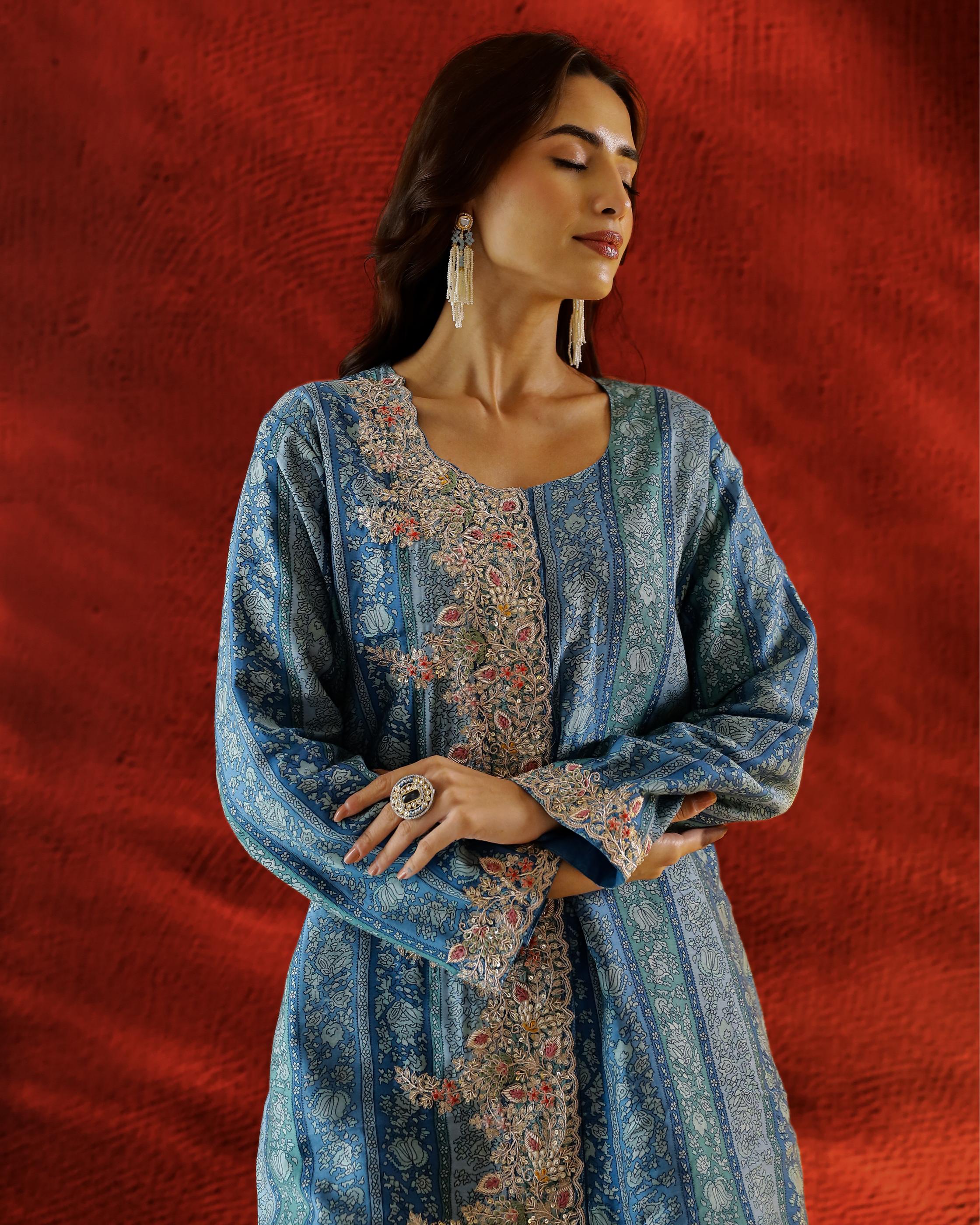 Sky Blue Printed Spanish Silk Palazzo Set - Image 2