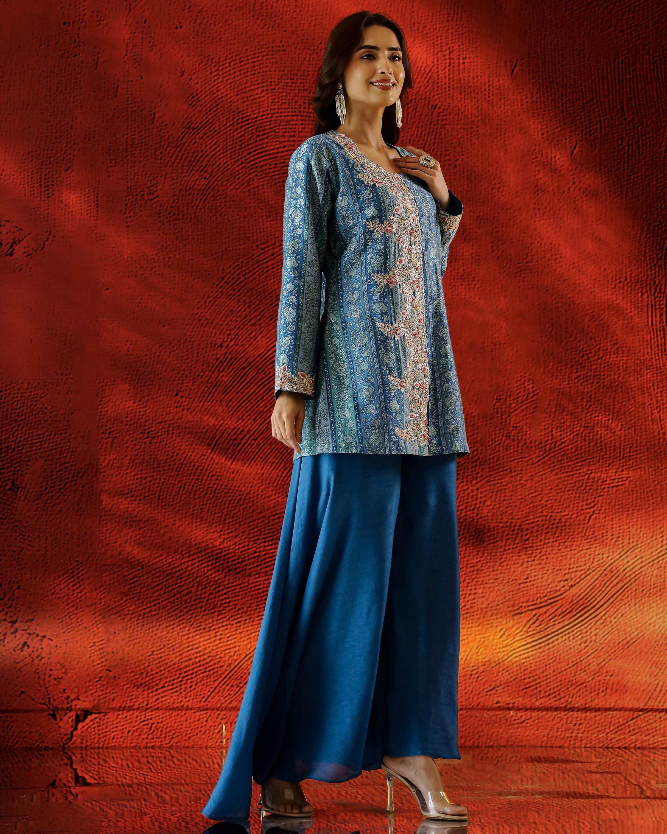 Sky Blue Printed Spanish Silk Palazzo Set - Image 3