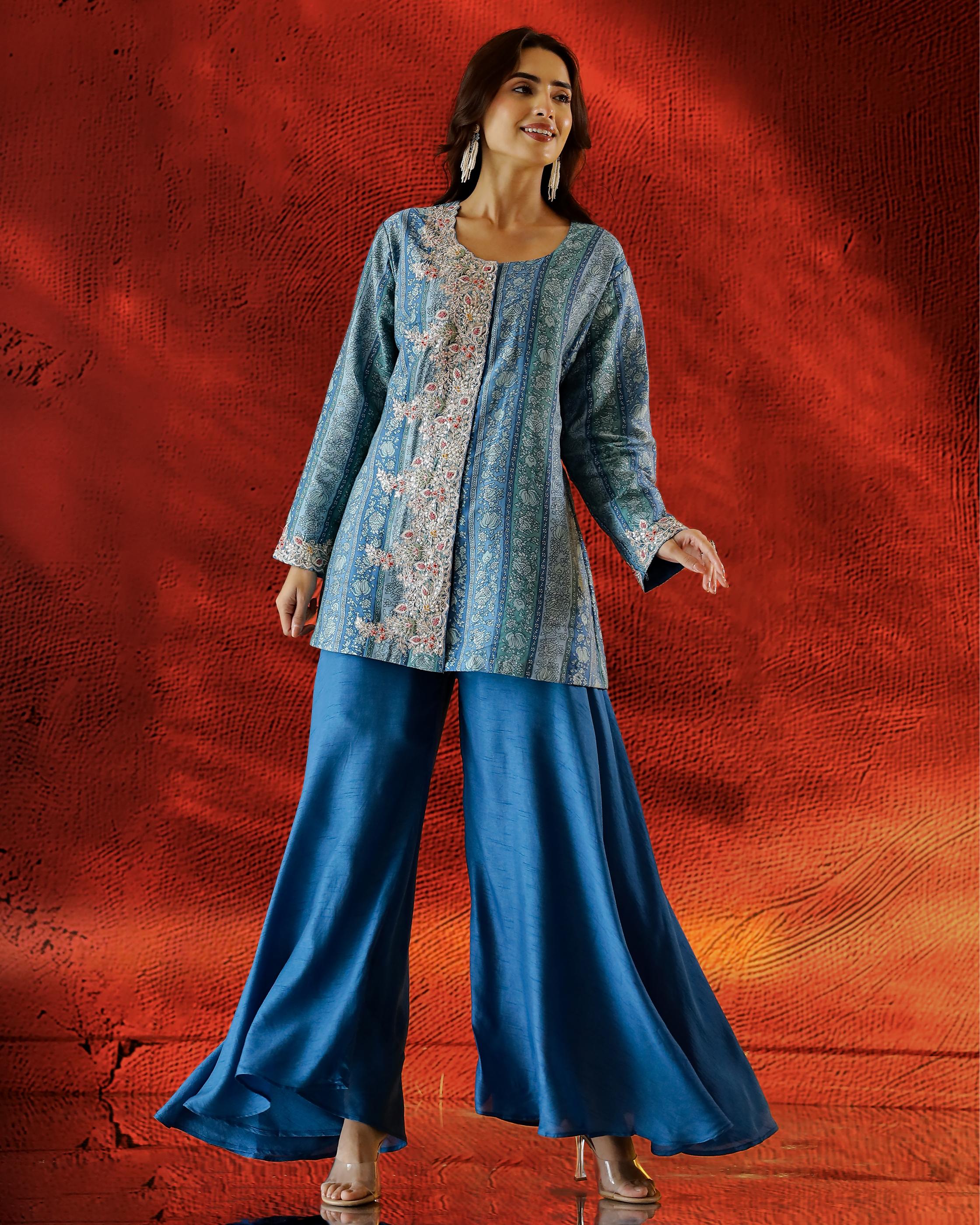 Sky Blue Printed Spanish Silk Palazzo Set - Image 4