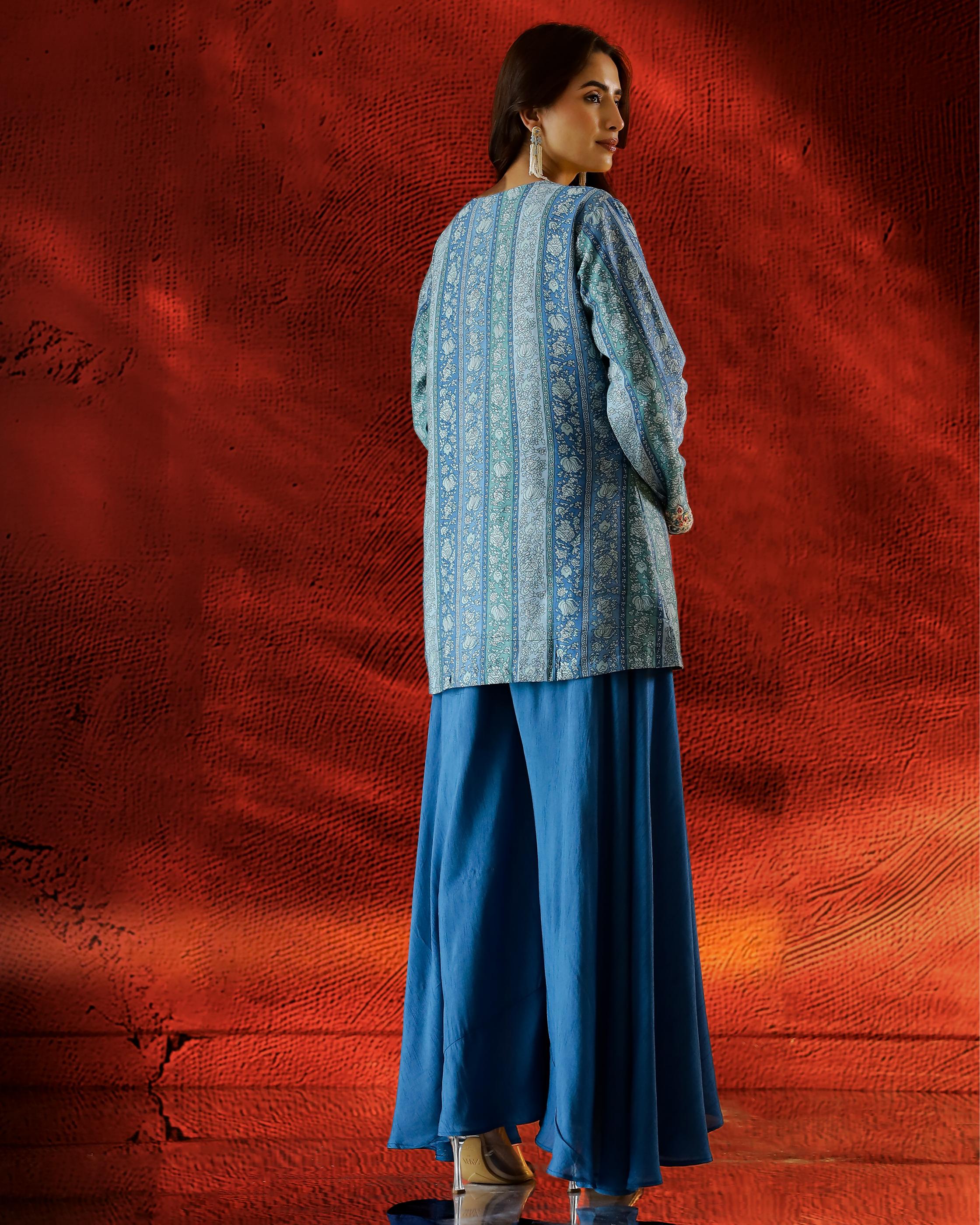 Sky Blue Printed Spanish Silk Palazzo Set - Image 5