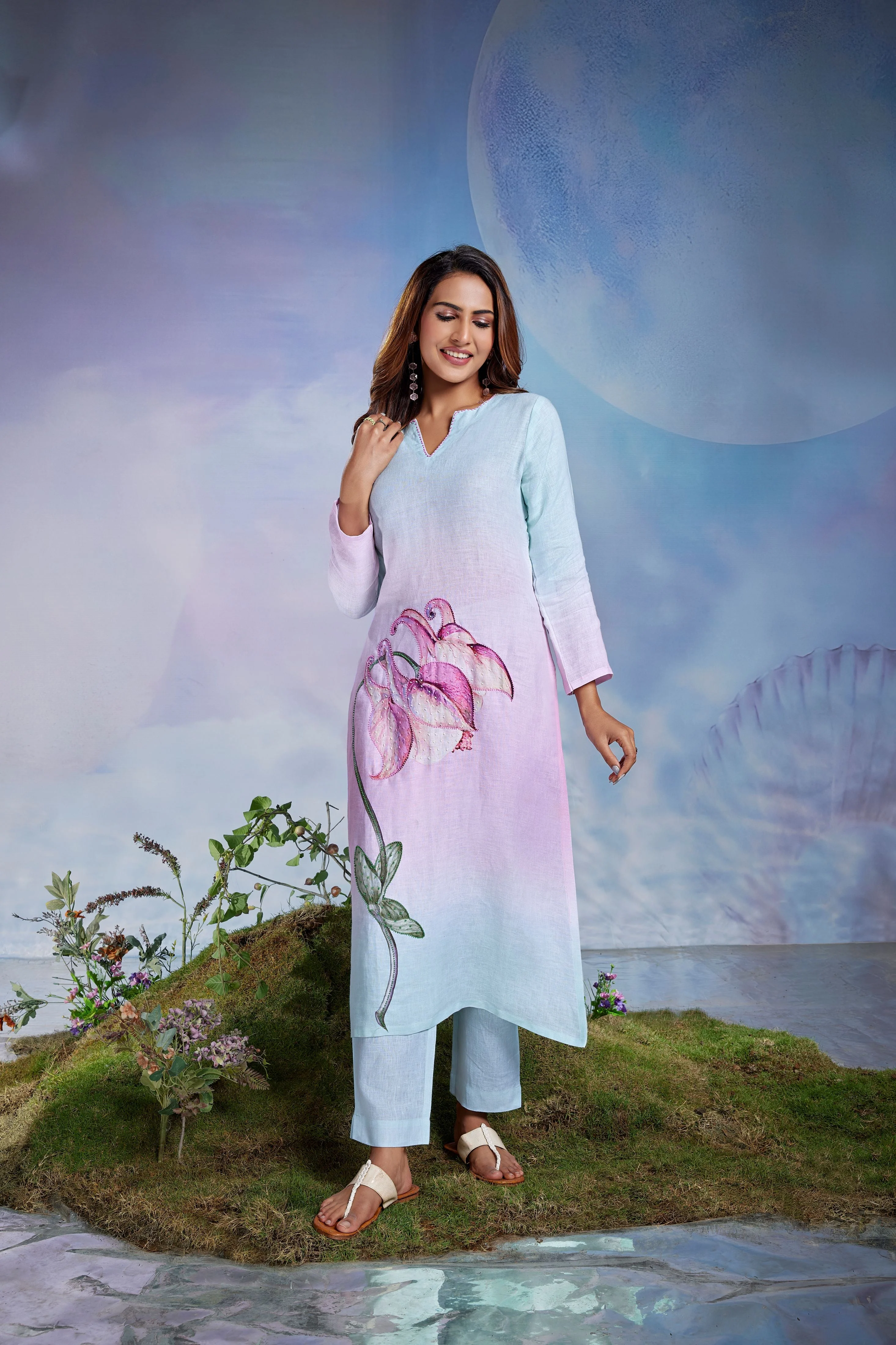 Sky Blush Embellished Linen Pant Set - Image 2