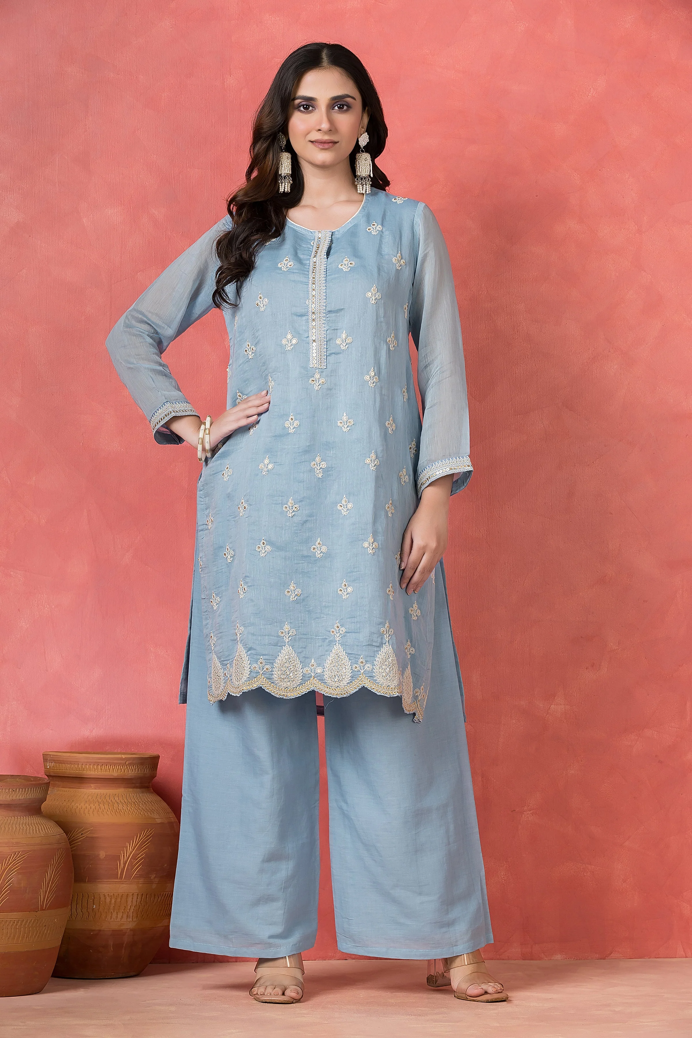 Sky Blue Embroidered Mul Chanderi Pant Set - Image 2