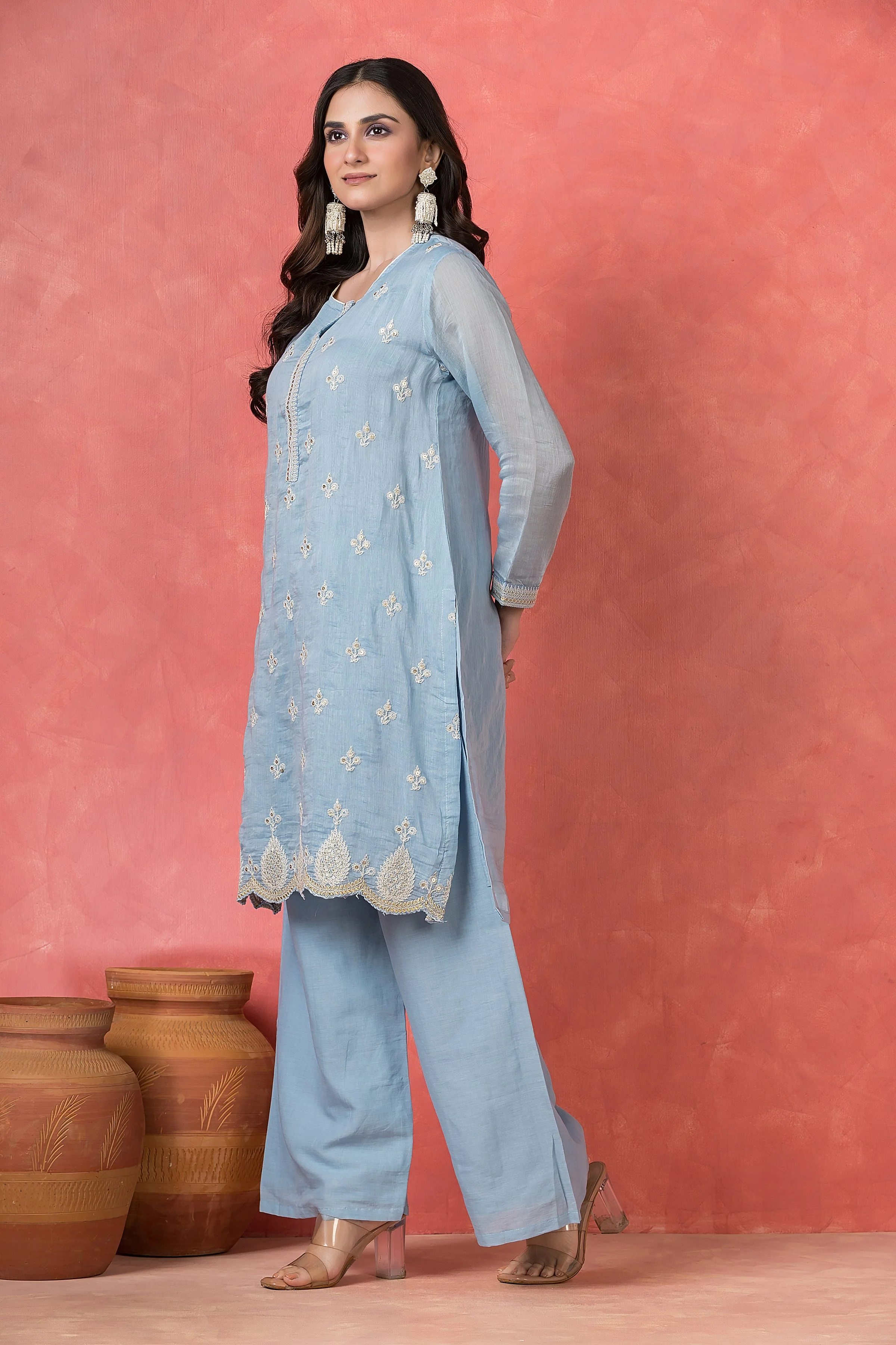 Sky Blue Embroidered Mul Chanderi Pant Set - Image 3