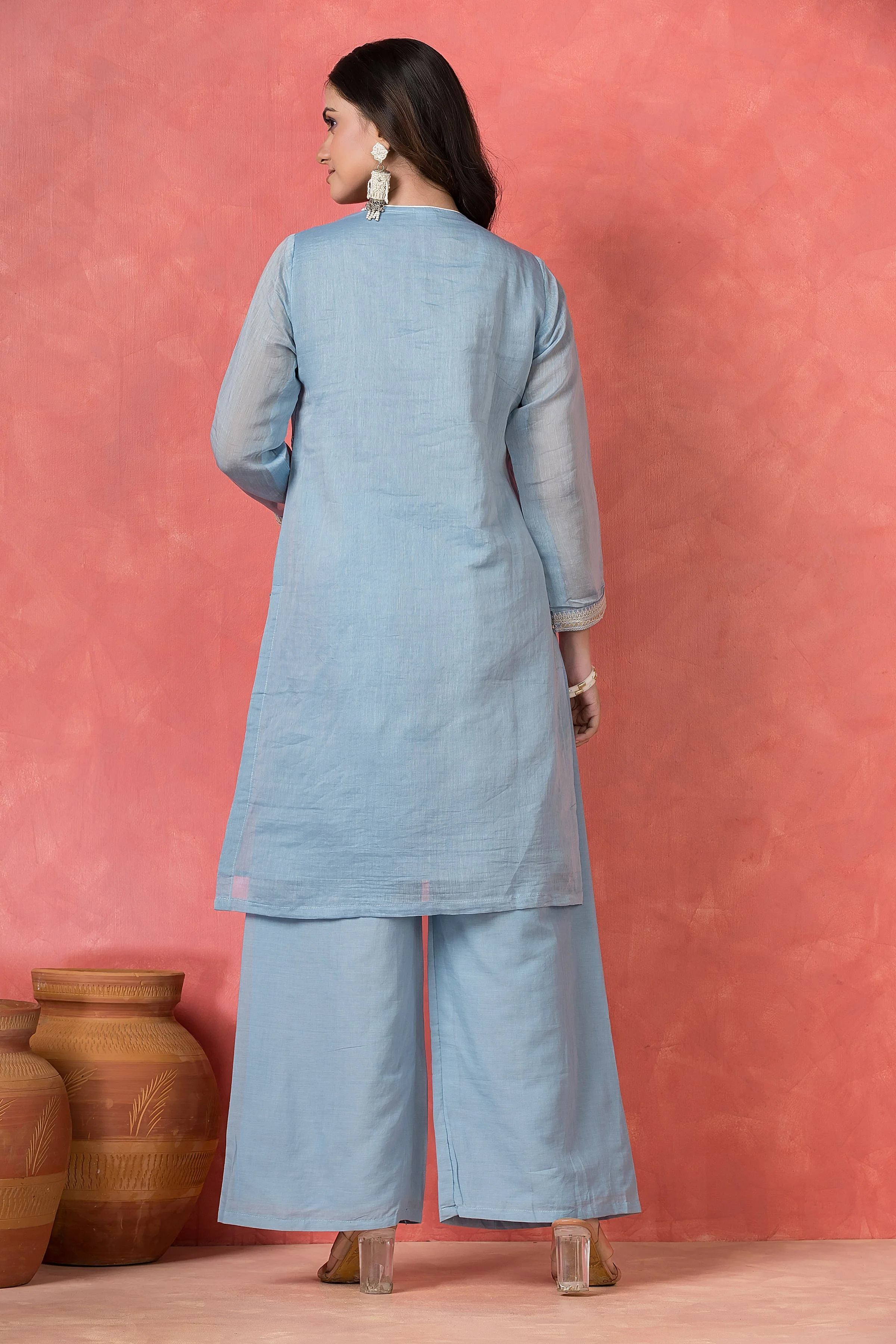 Sky Blue Embroidered Mul Chanderi Pant Set - Image 4