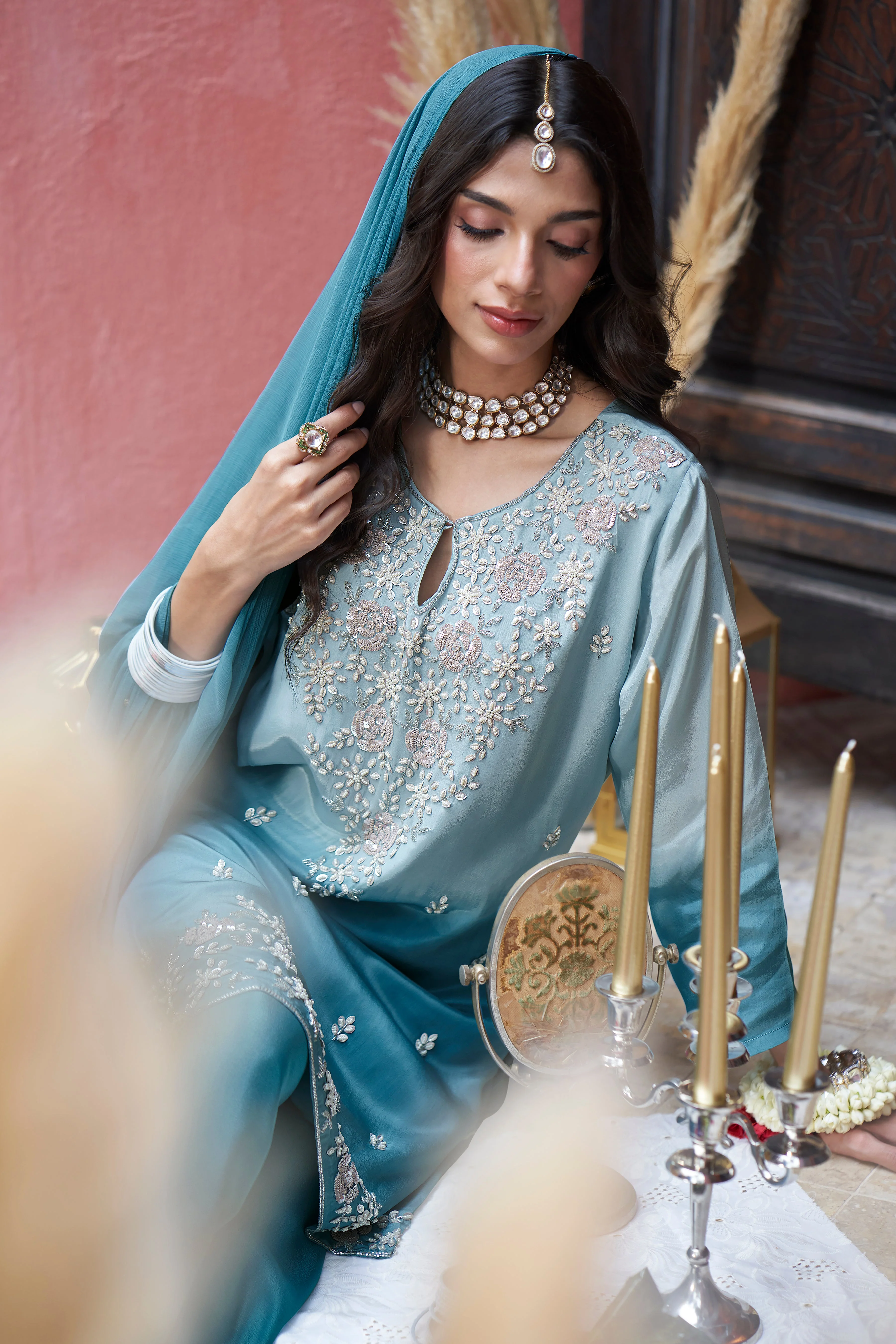 Sky Ombre Embellished Crepe Silk Palazzo Set - Image 2