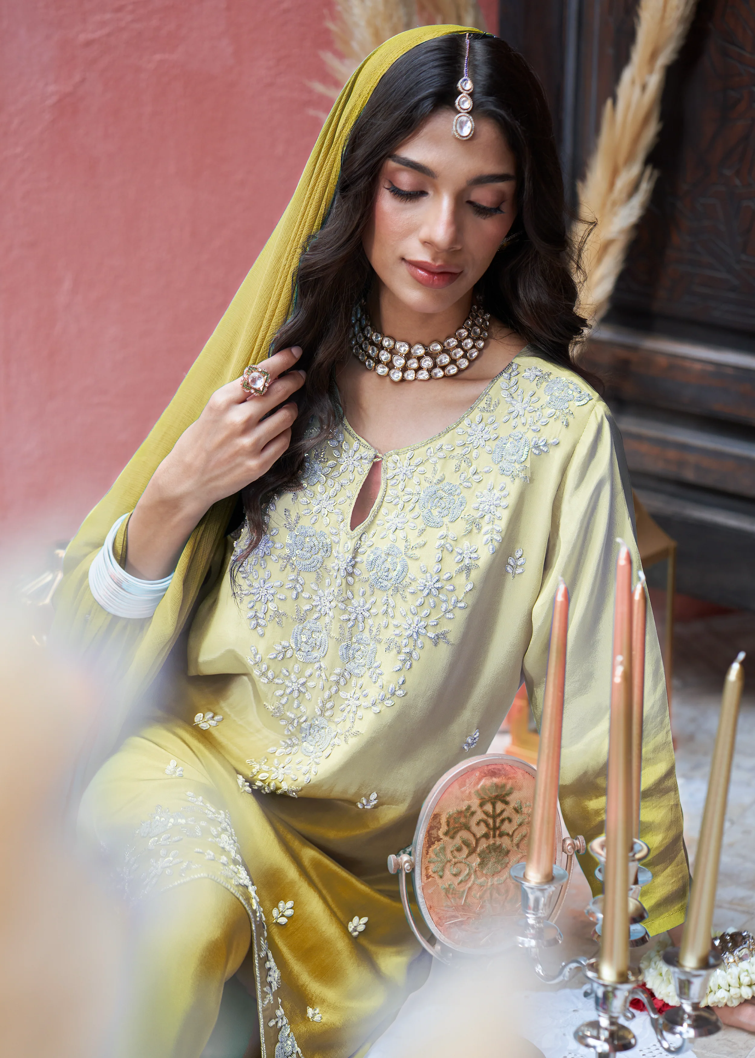 Olive Yellow Ombre Embellished Crepe Silk Palazzo Set - Image 2