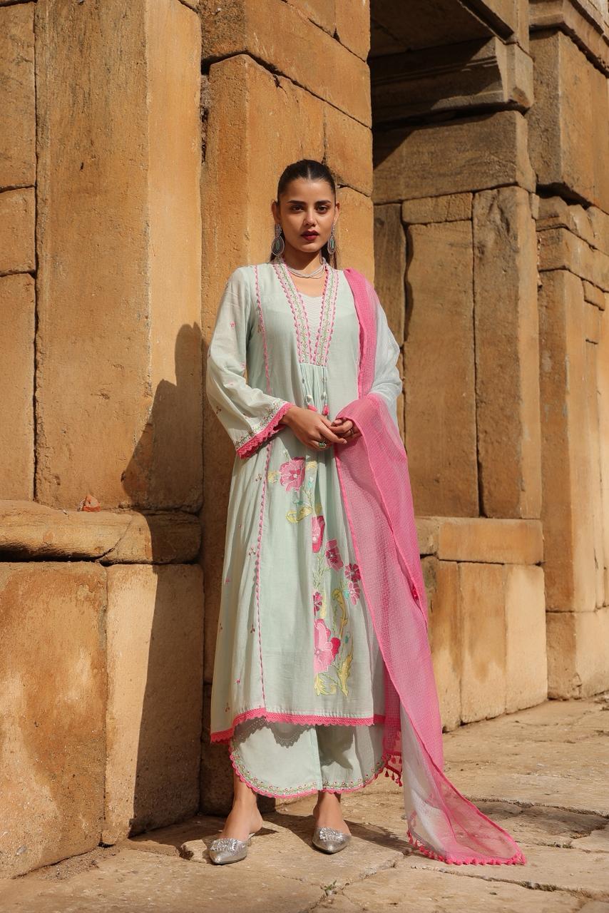 Sky Tulip Embroidered Cotton Anarkali Set - Image 2