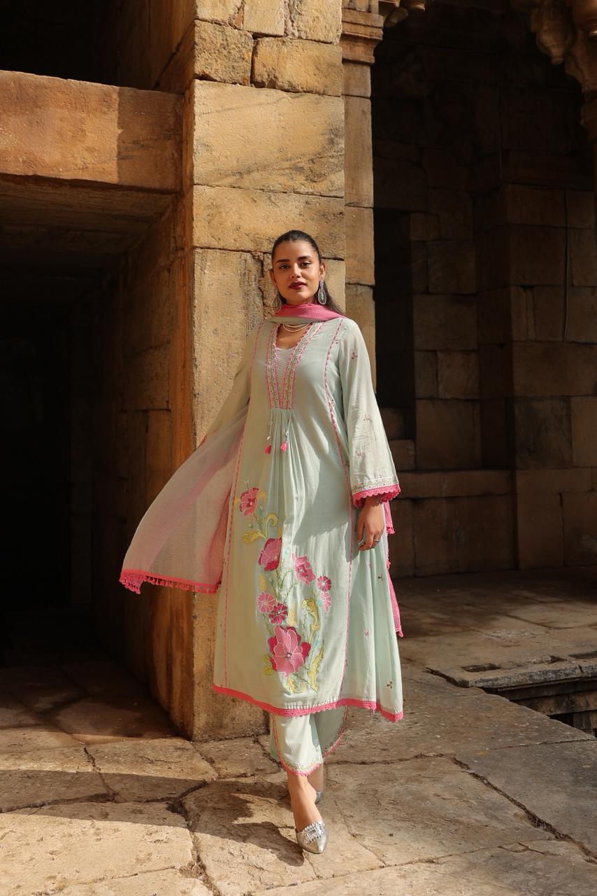 Sky Tulip Embroidered Cotton Anarkali Set - Image 3