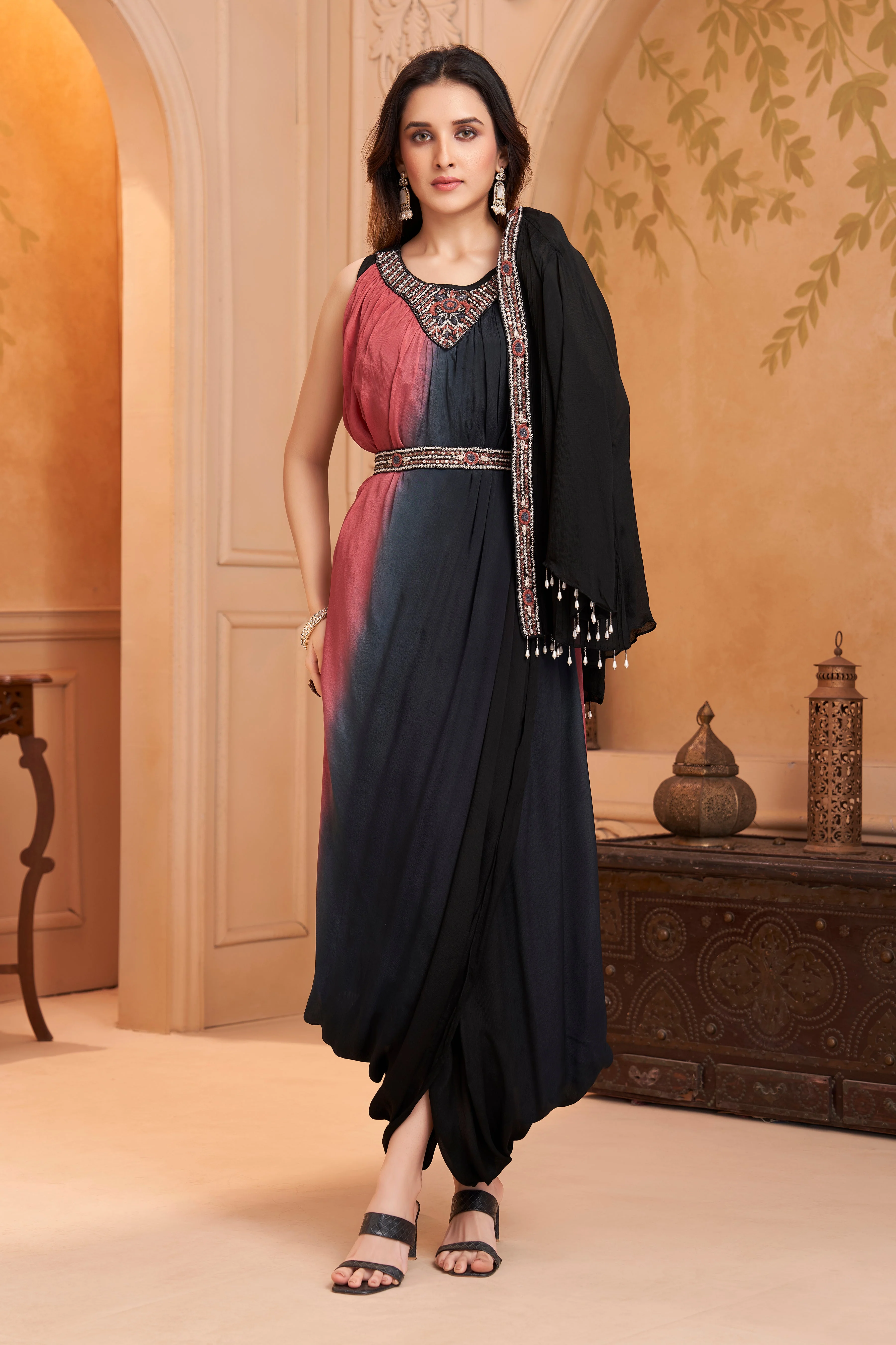 Dusty Wine Embellished Chinon Silk Drape Dress - Image 3