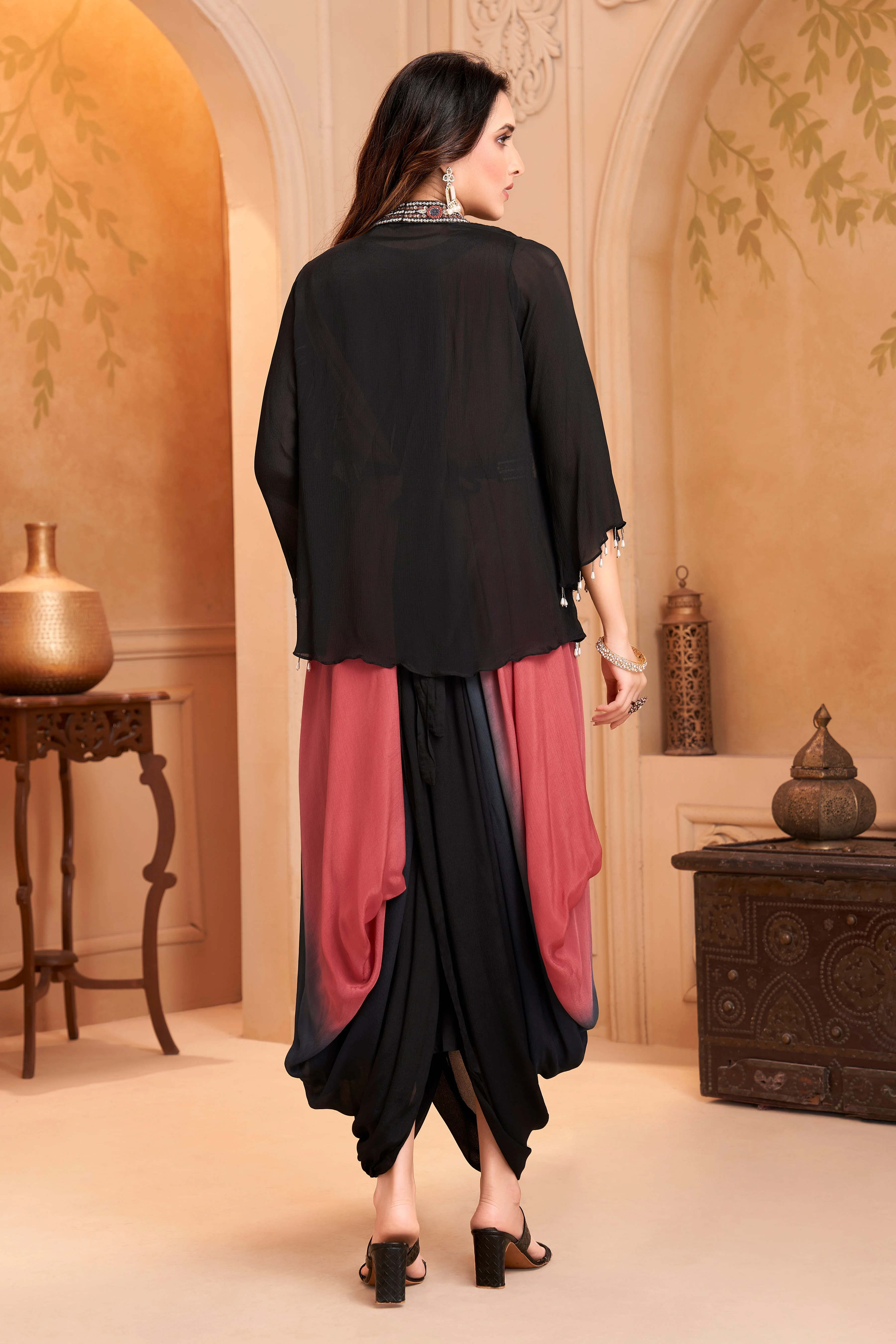 Dusty Wine Embellished Chinon Silk Drape Dress - Image 4