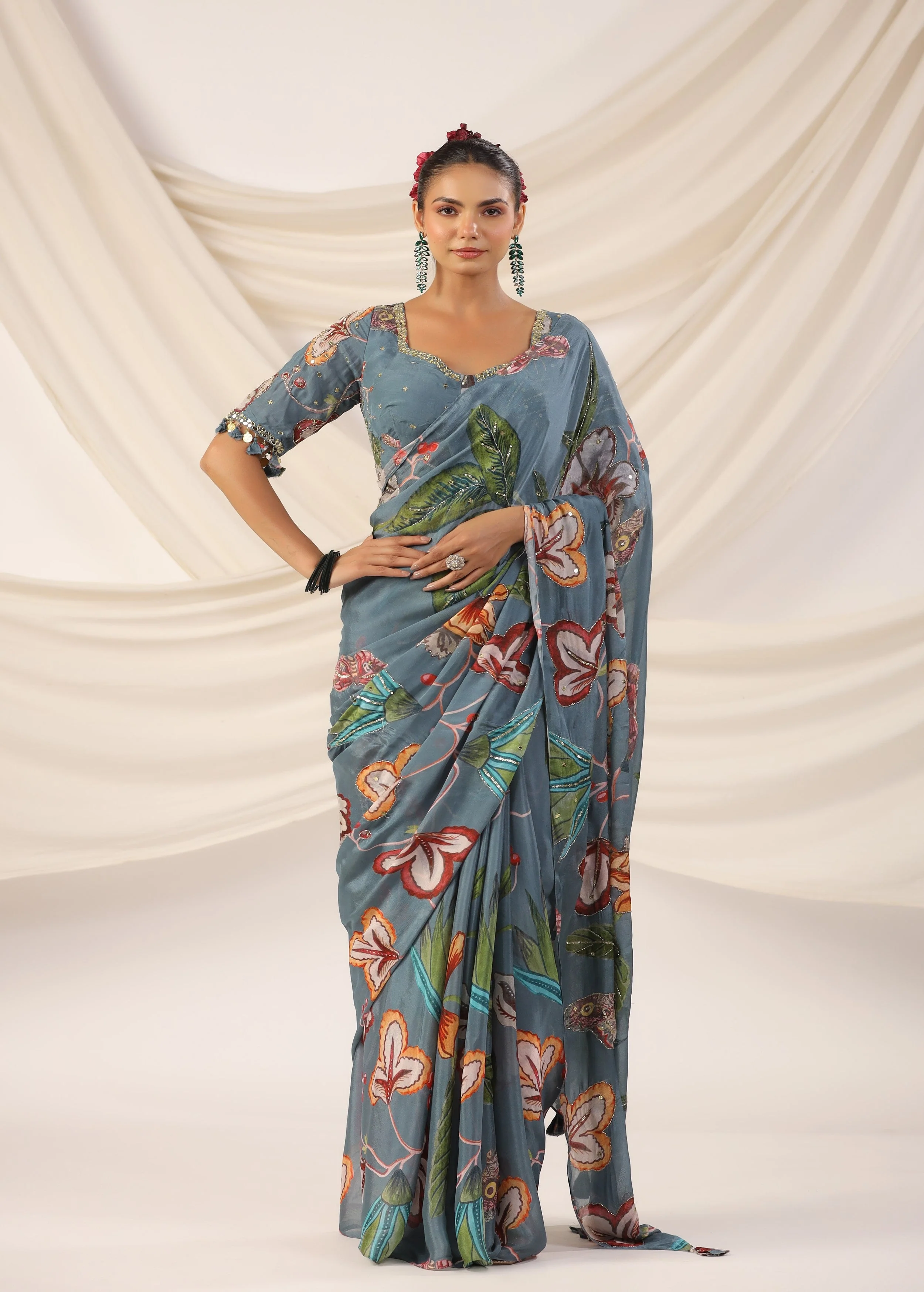 Slate Blue Embellished Chinon Silk Saree