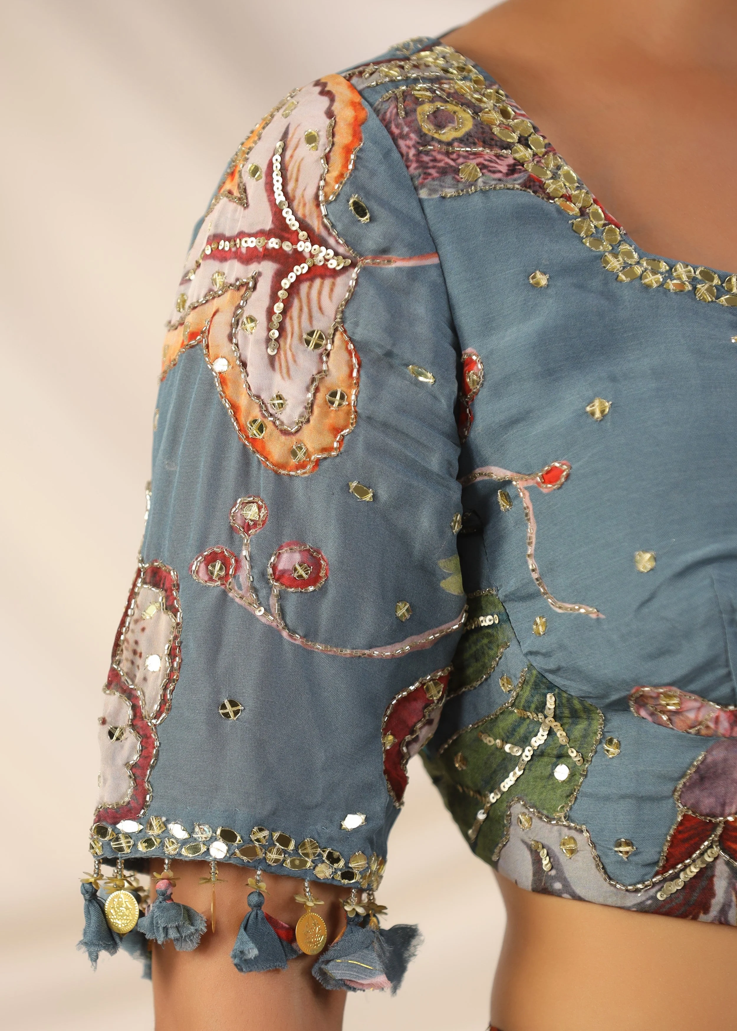 Slate Blue Embellished Chinon Silk Saree - Image 3