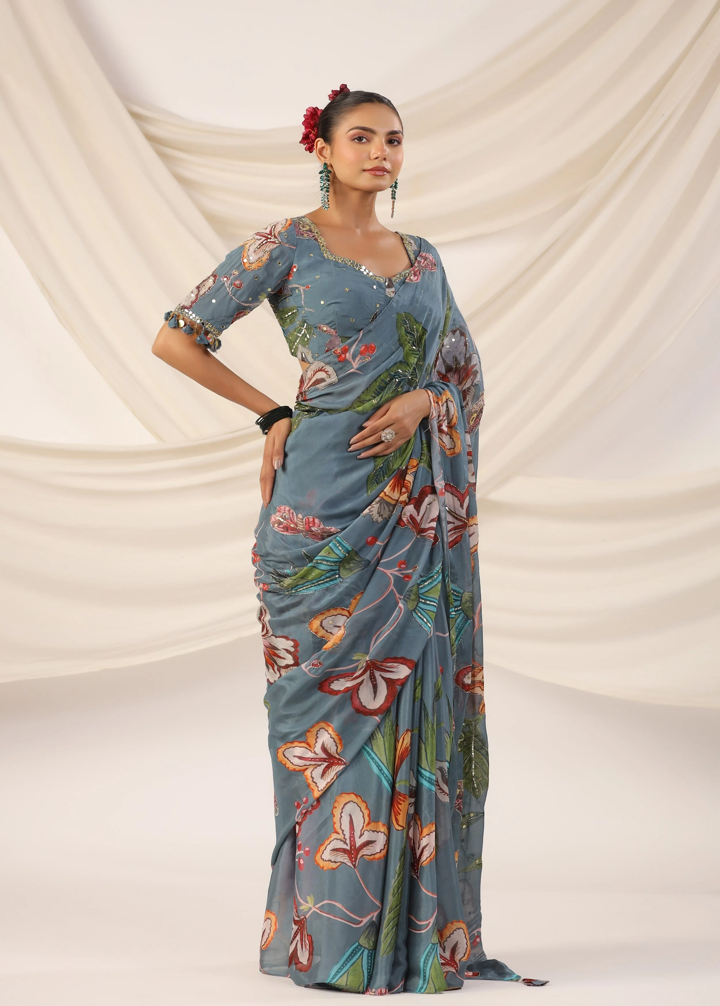 Slate Blue Embellished Chinon Silk Saree - Image 4