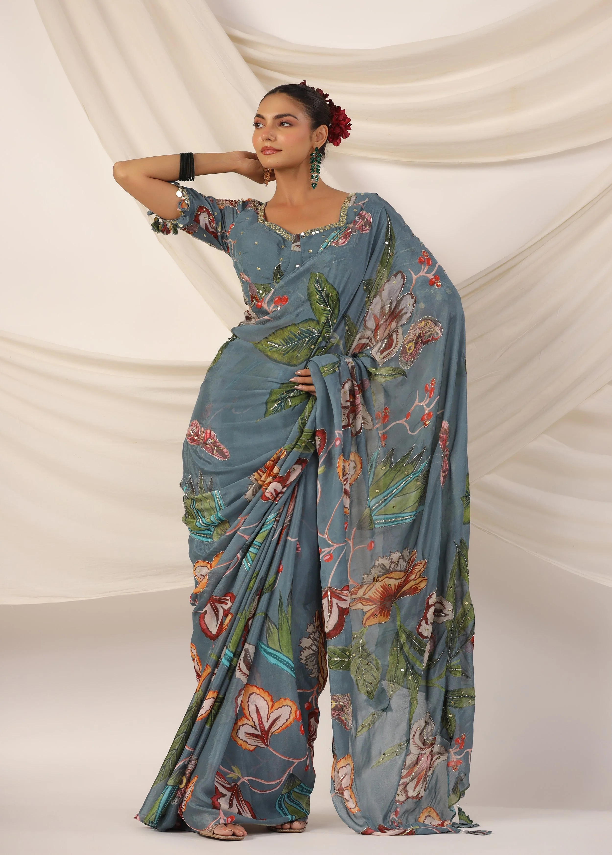 Slate Blue Embellished Chinon Silk Saree - Image 5