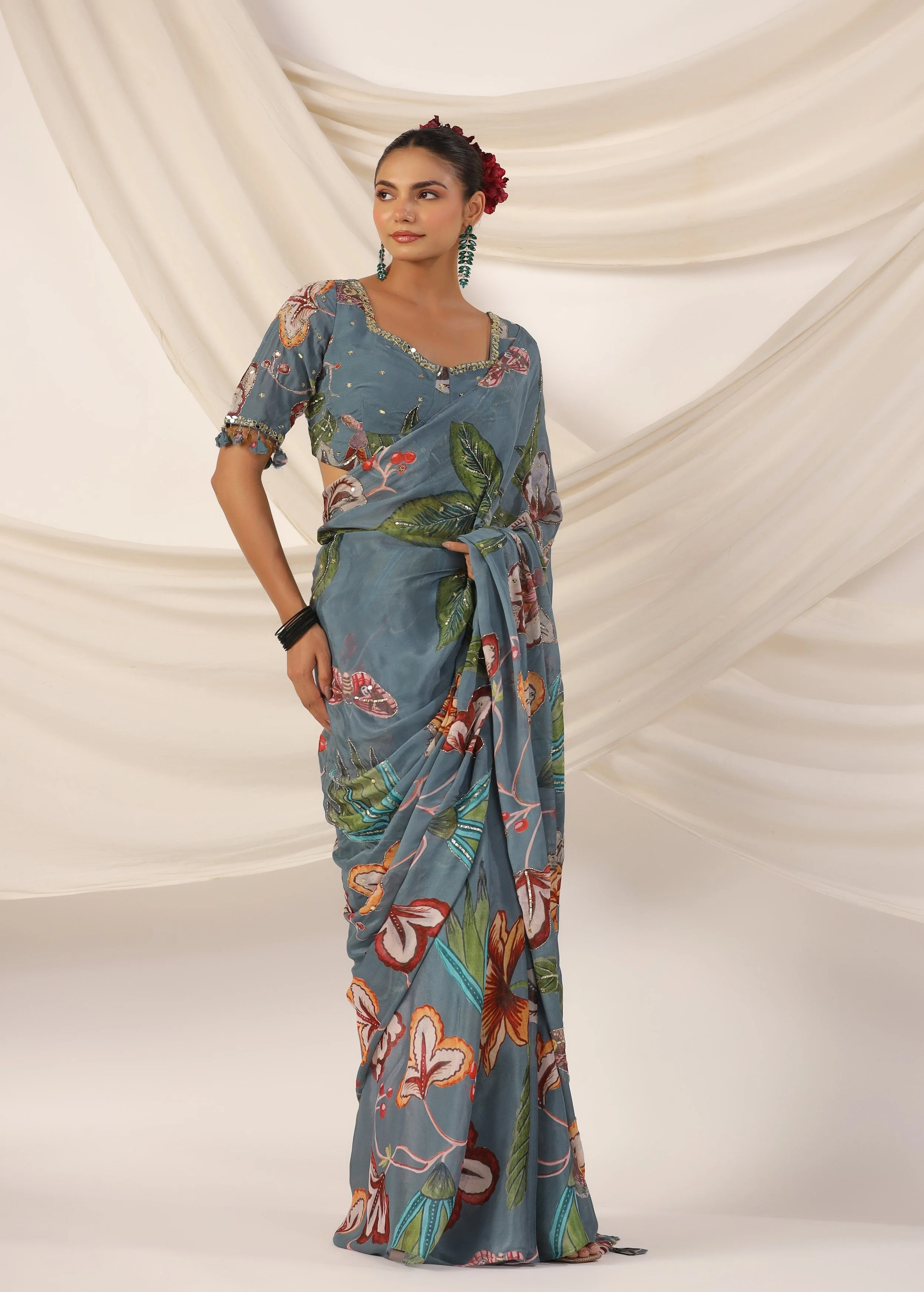 Slate Blue Embellished Chinon Silk Saree - Image 6