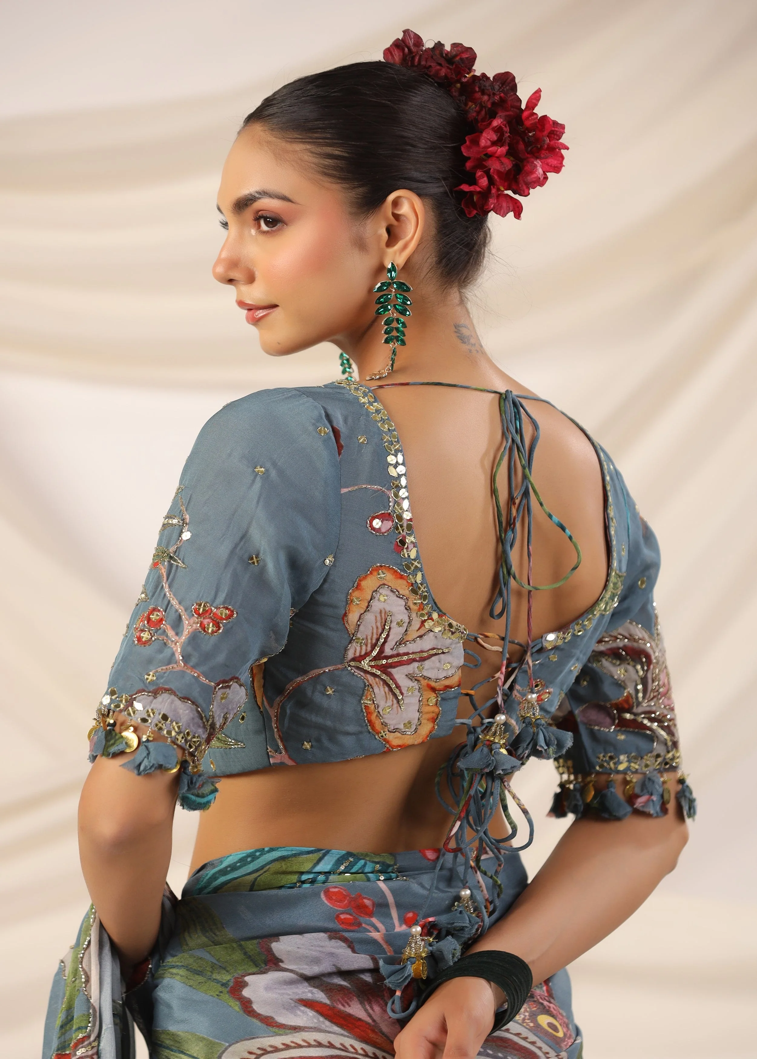 Slate Blue Embellished Chinon Silk Saree - Image 7