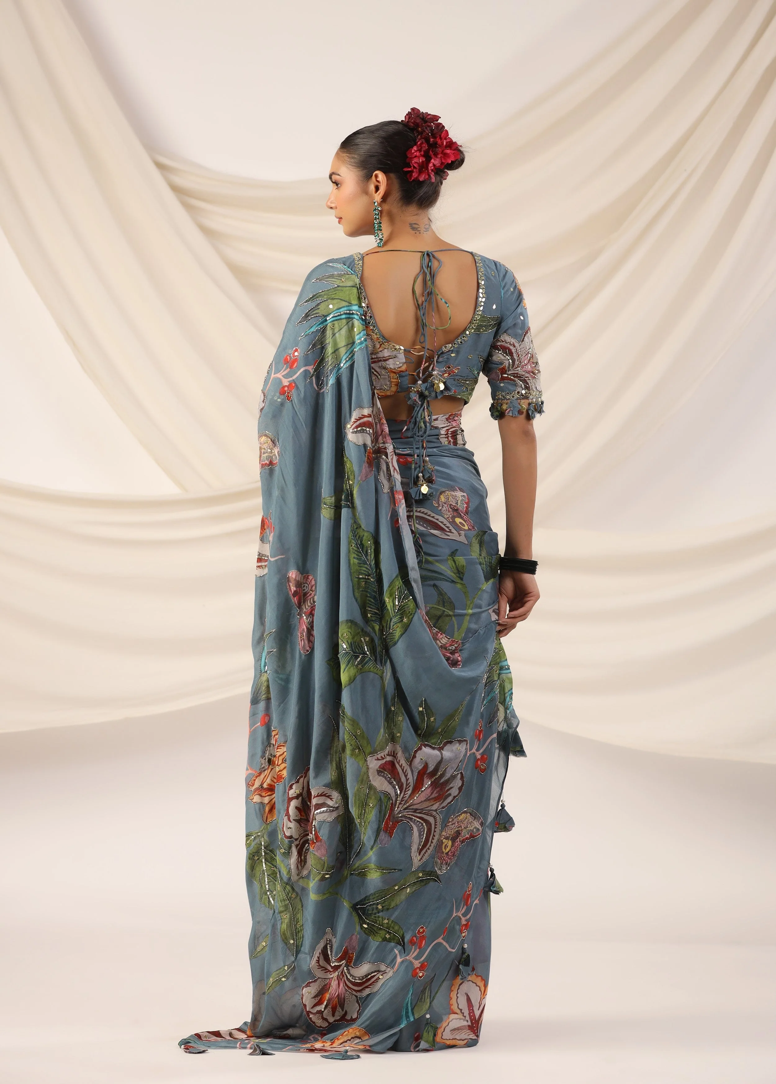 Slate Blue Embellished Chinon Silk Saree - Image 8