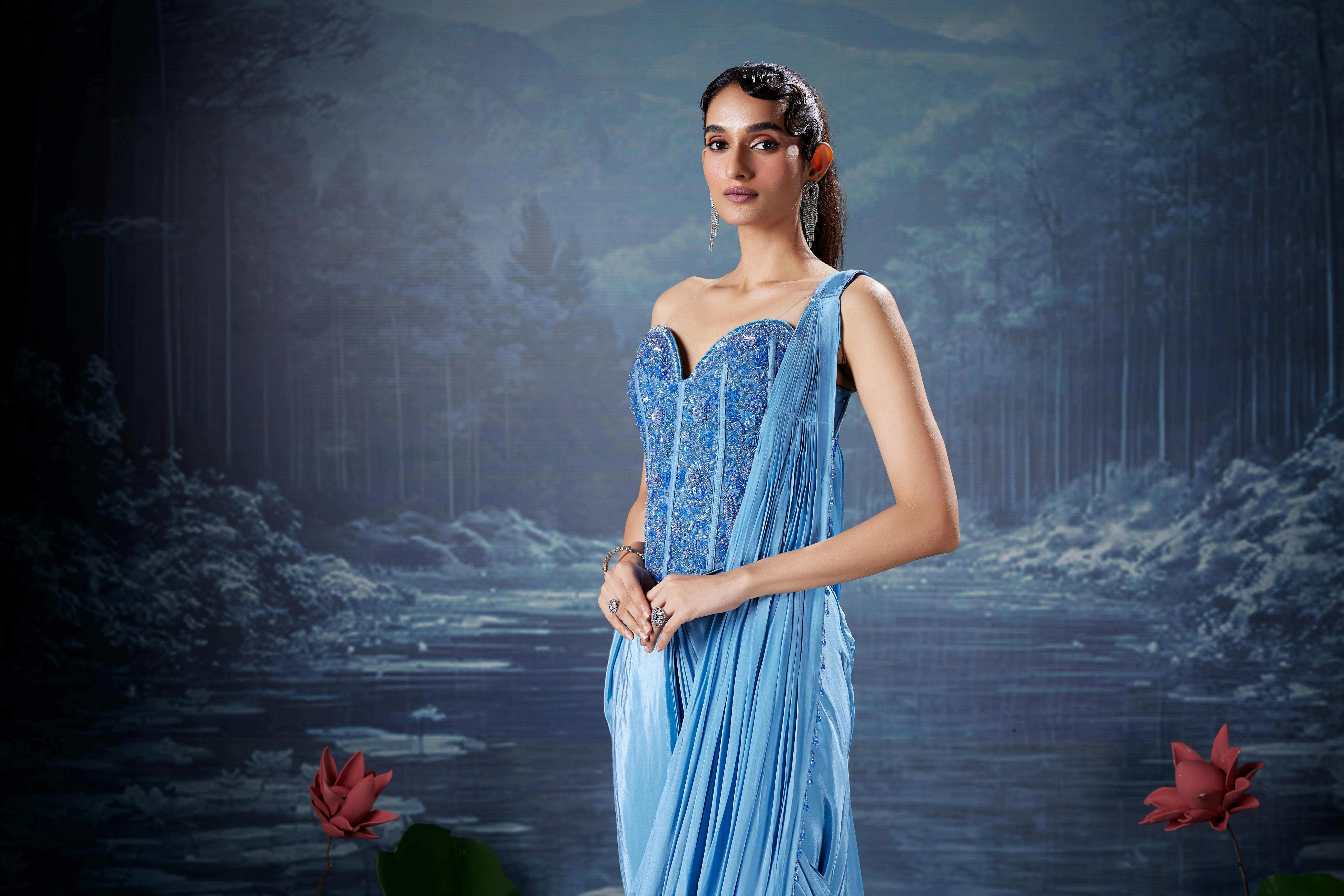 Sky Blue Embellished Satin Silk Drape Saree - Image 2