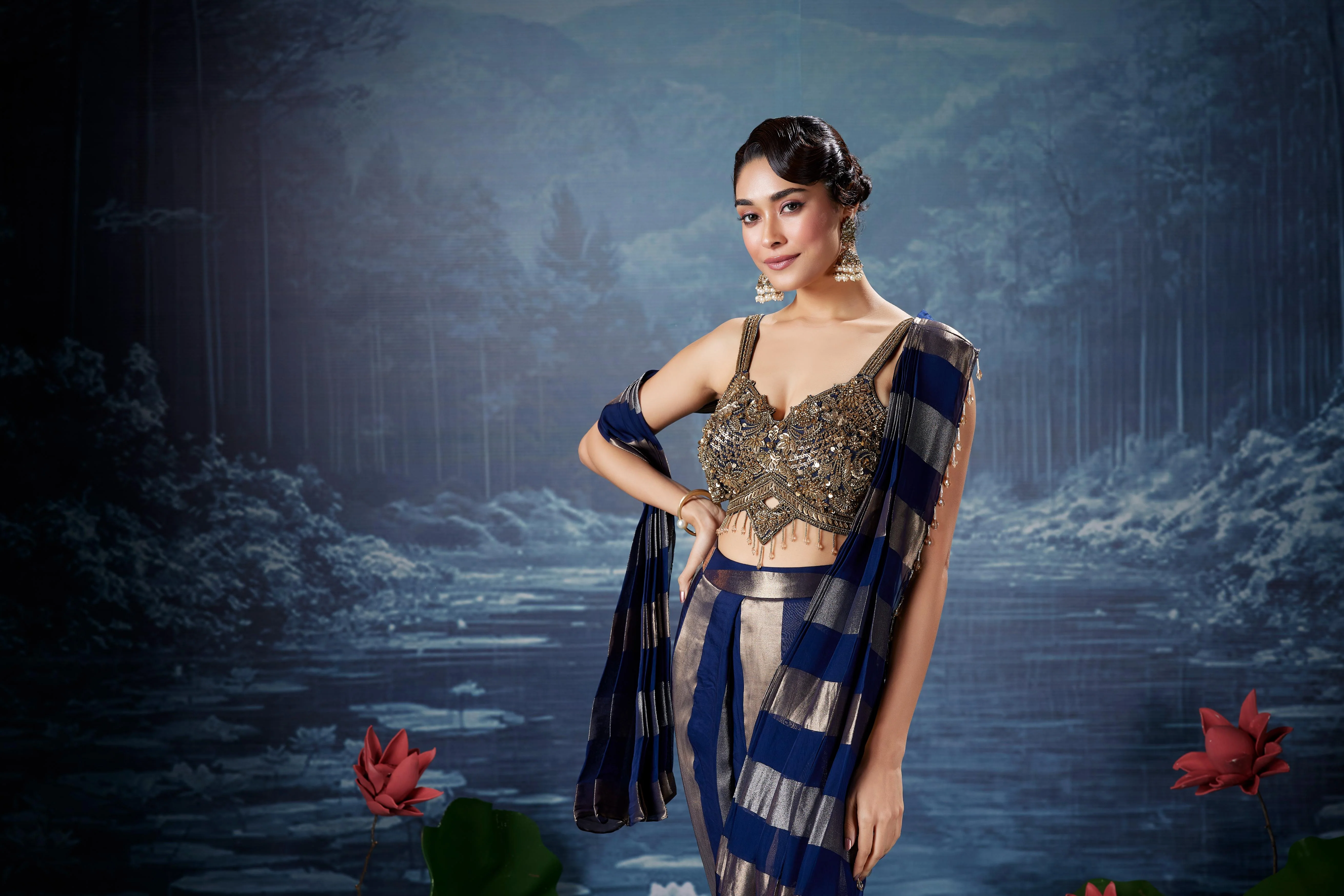 Navy Blue Embellished Shimmer Tissue Silk Drape Saree - Image 2