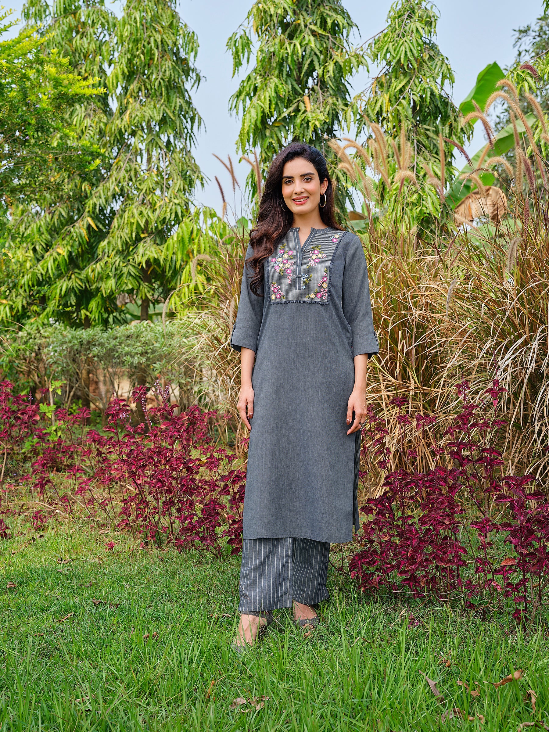 Slate Blue Floral Embroidered Cotton Kurta Set