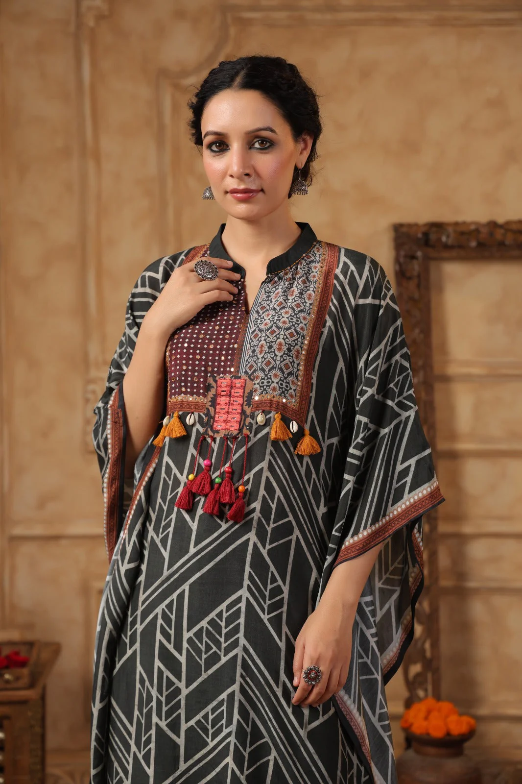 Slate Grey Digital Printed Muslin Silk Kaftan Set - Image 2