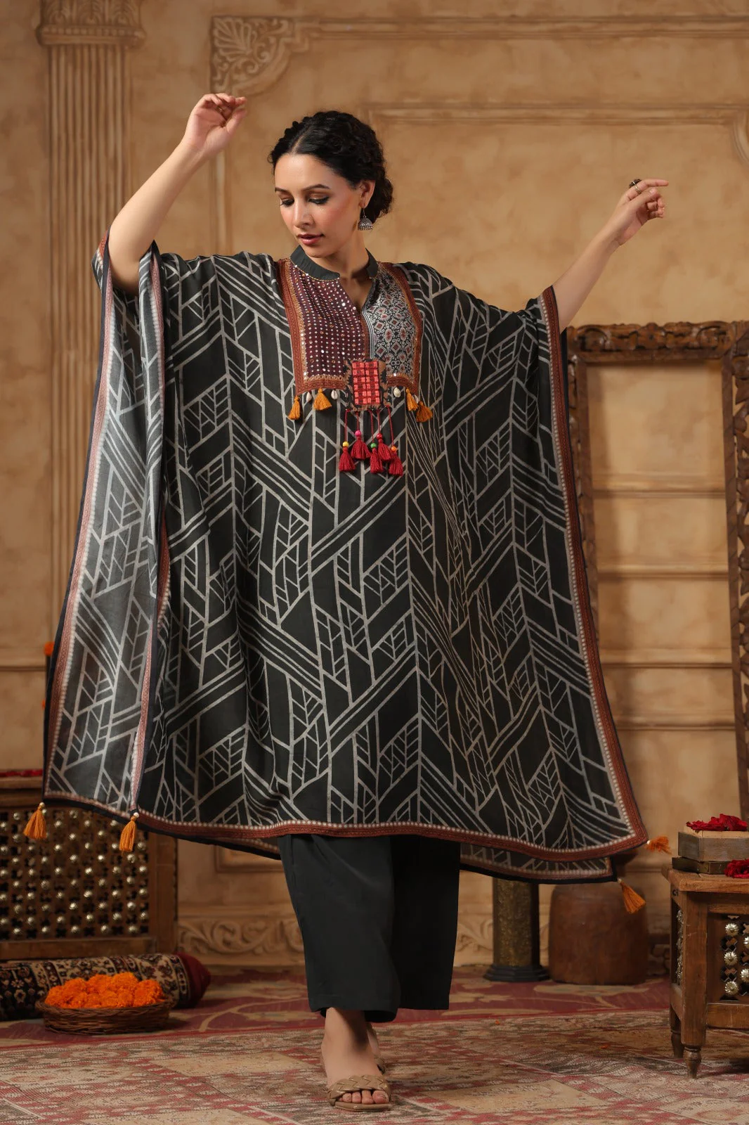 Slate Grey Digital Printed Muslin Silk Kaftan Set - Image 5