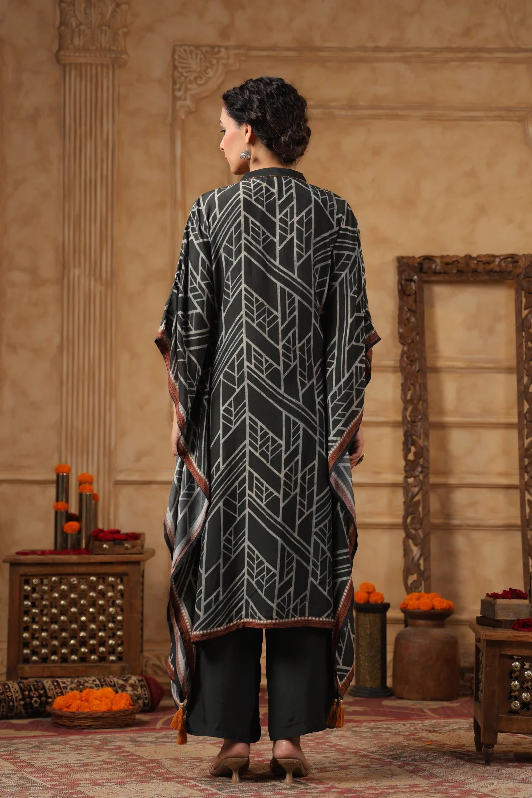 Slate Grey Digital Printed Muslin Silk Kaftan Set - Image 6