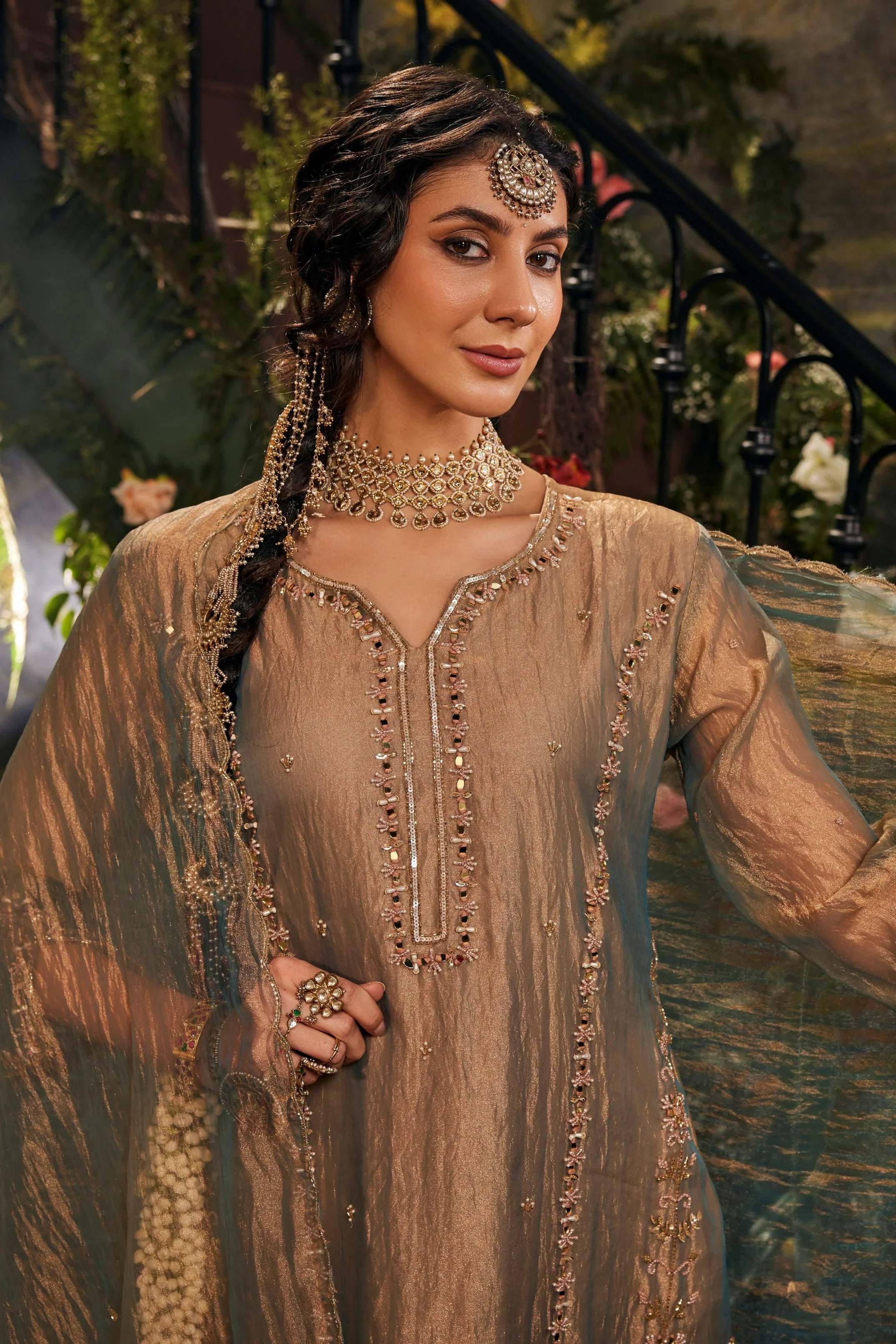 Slate Grey Dual Tone Embellished Organza Silk Pant Set - Image 2