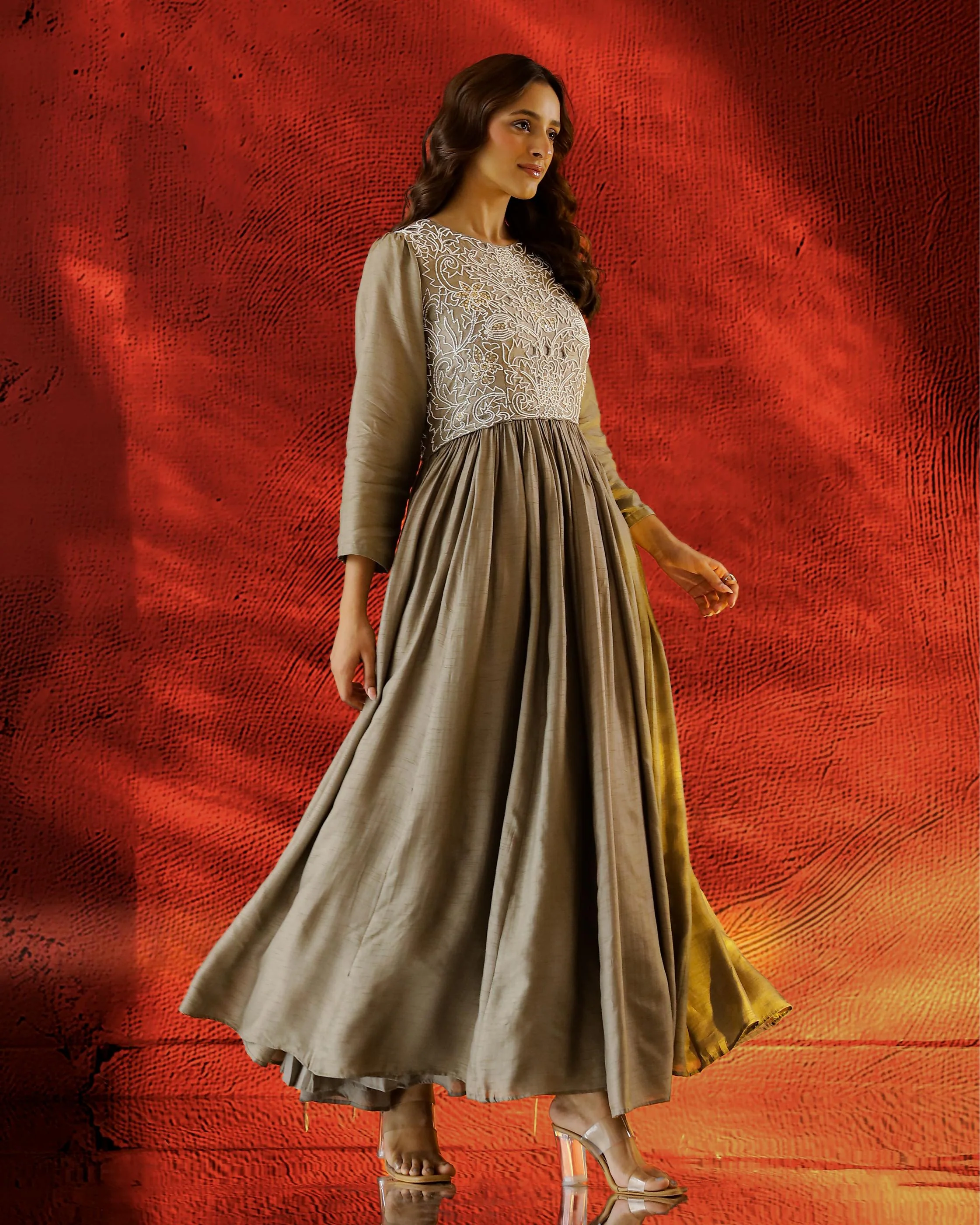 Sage Grey Embellished Raw Silk Gown - Image 3
