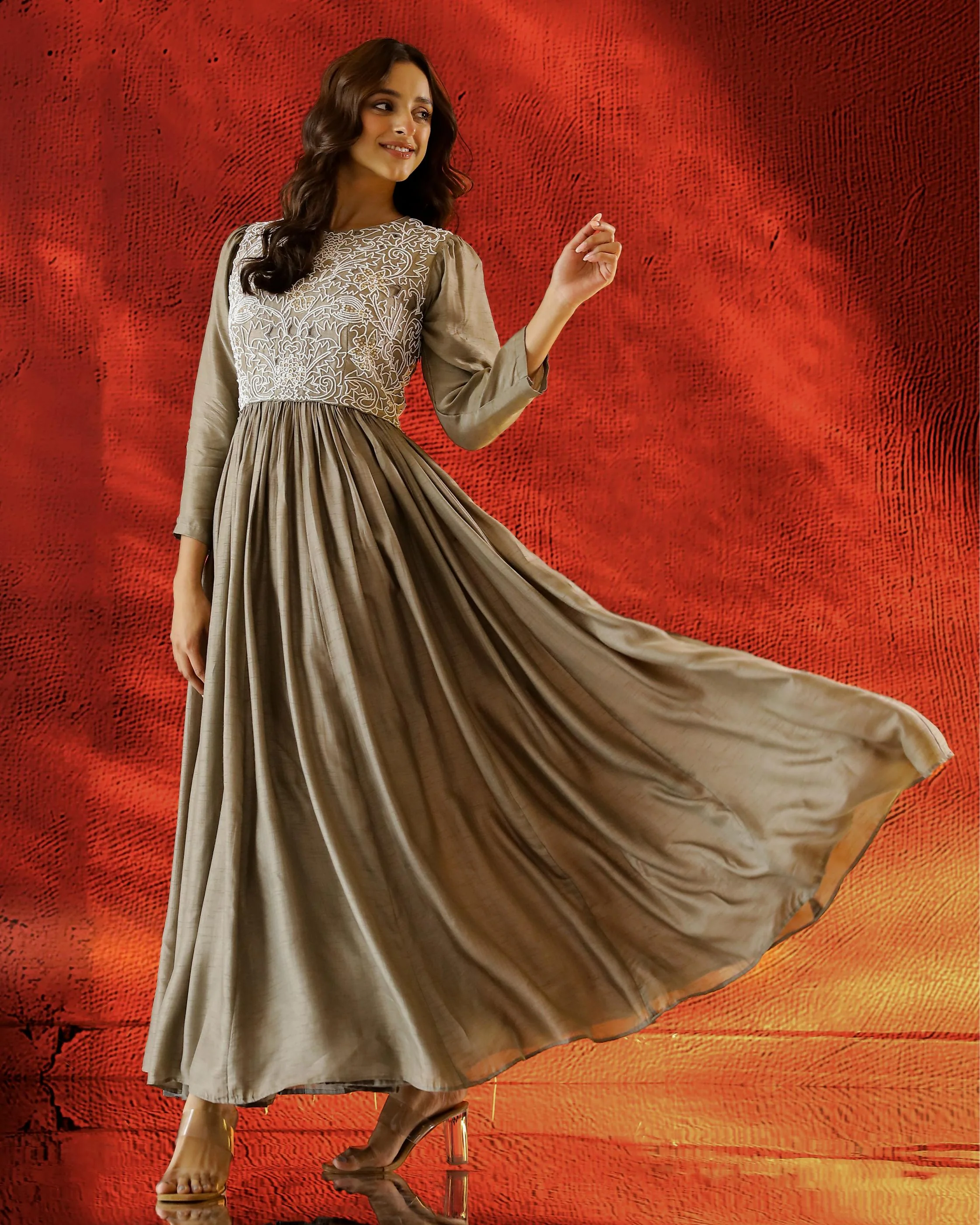 Sage Grey Embellished Raw Silk Gown - Image 4