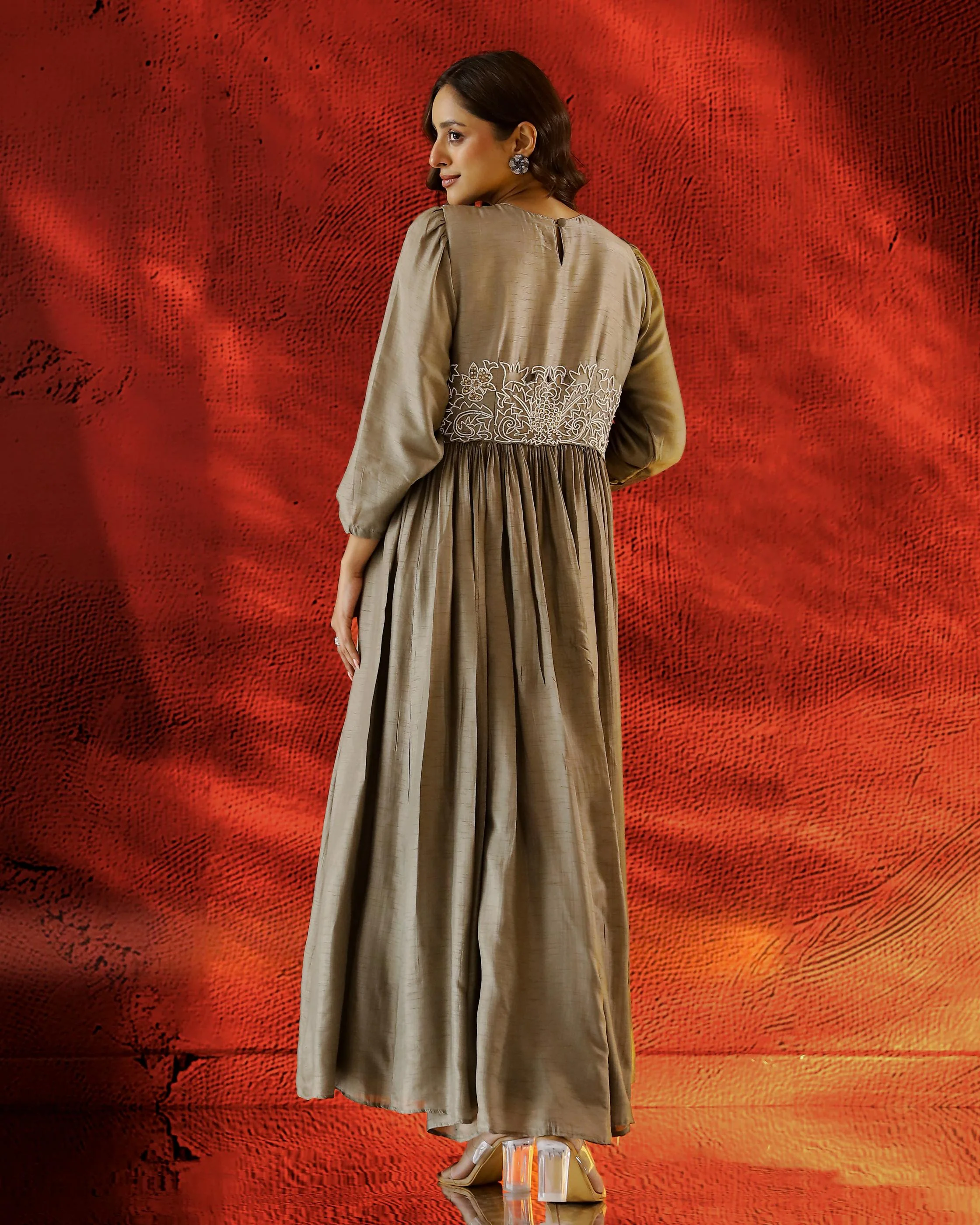 Sage Grey Embellished Raw Silk Gown - Image 5