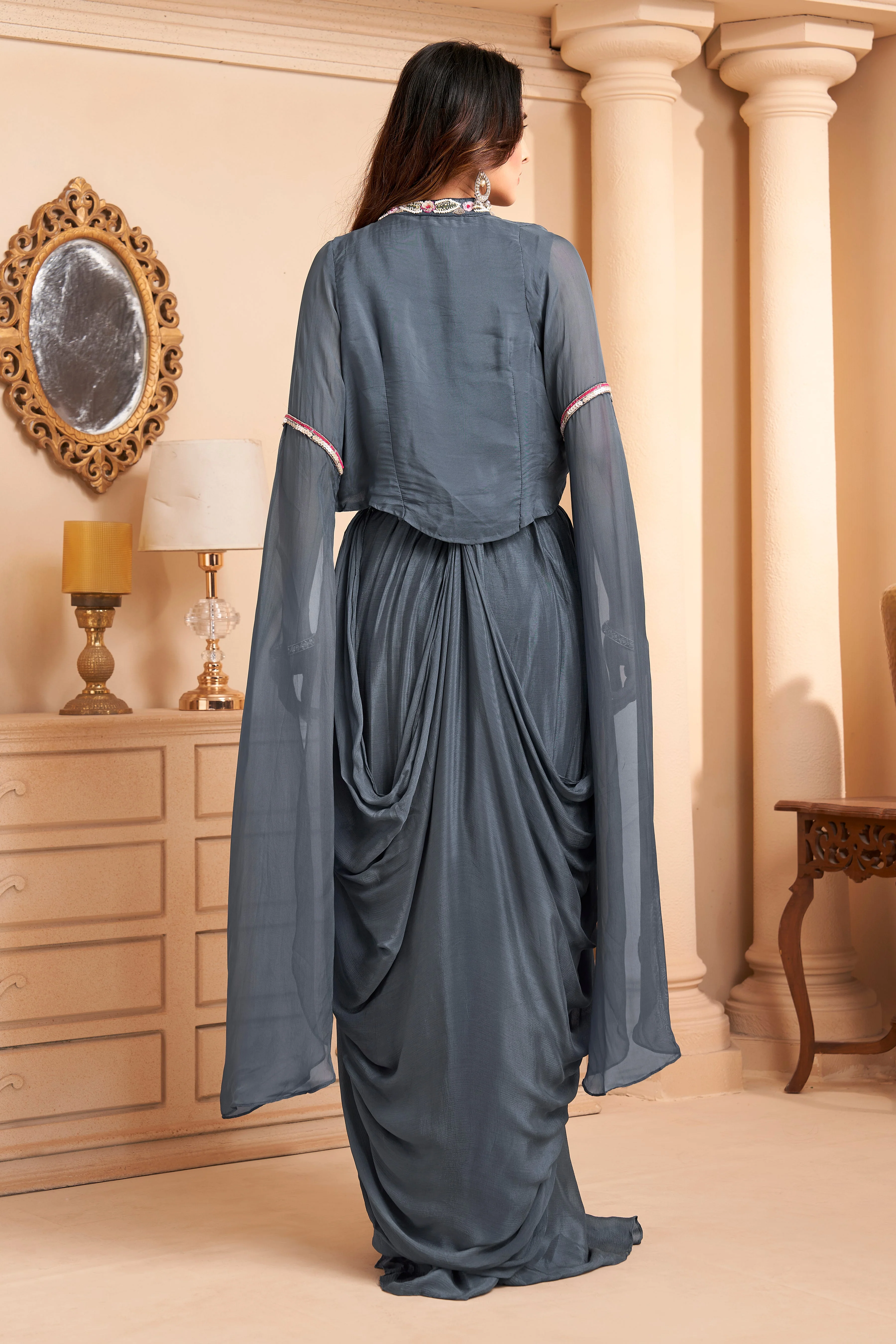 Slate Grey Embellished Crepe Silk Skirt Set - Image 4