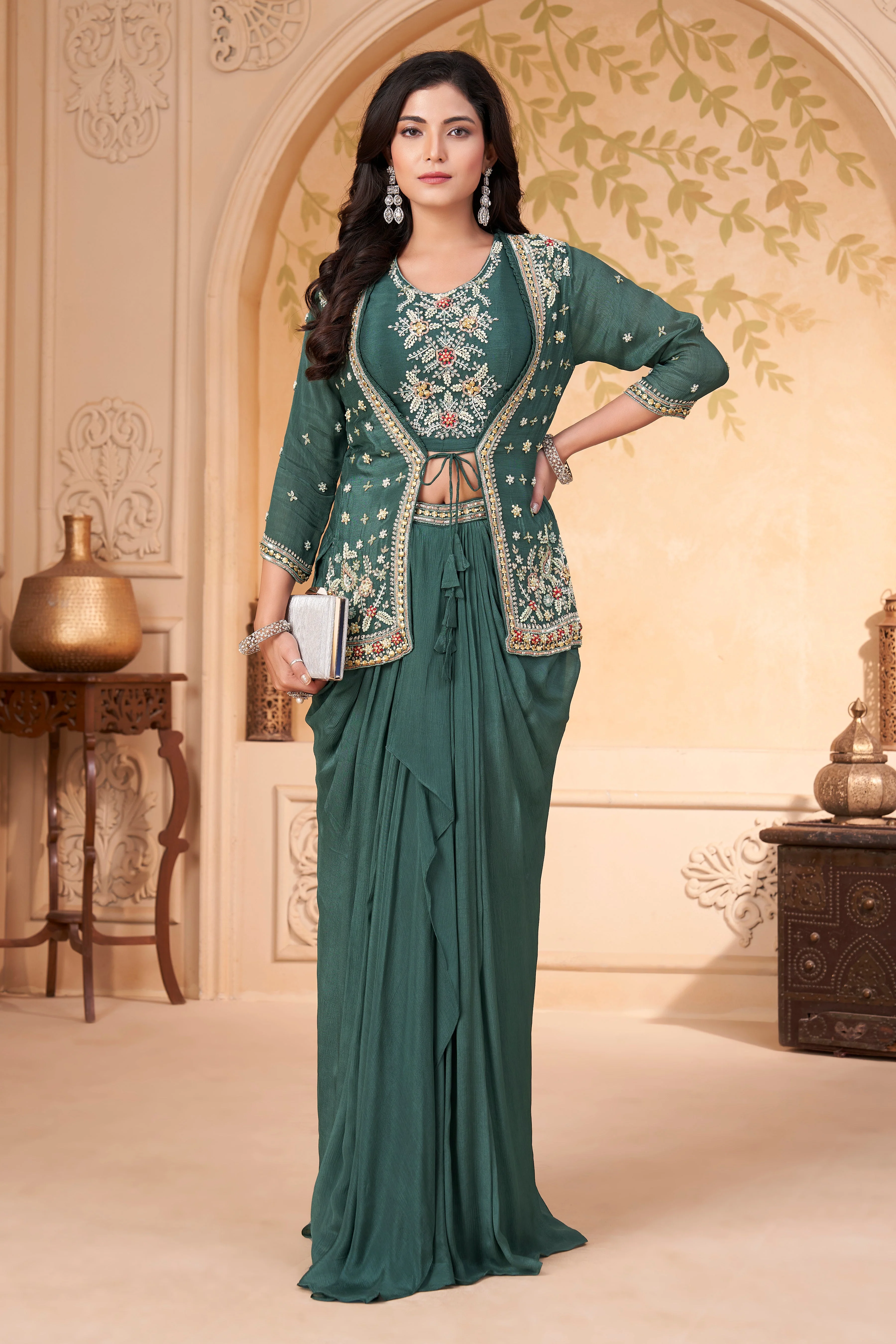 Pine Green Embellished Chinon Silk Skirt Set