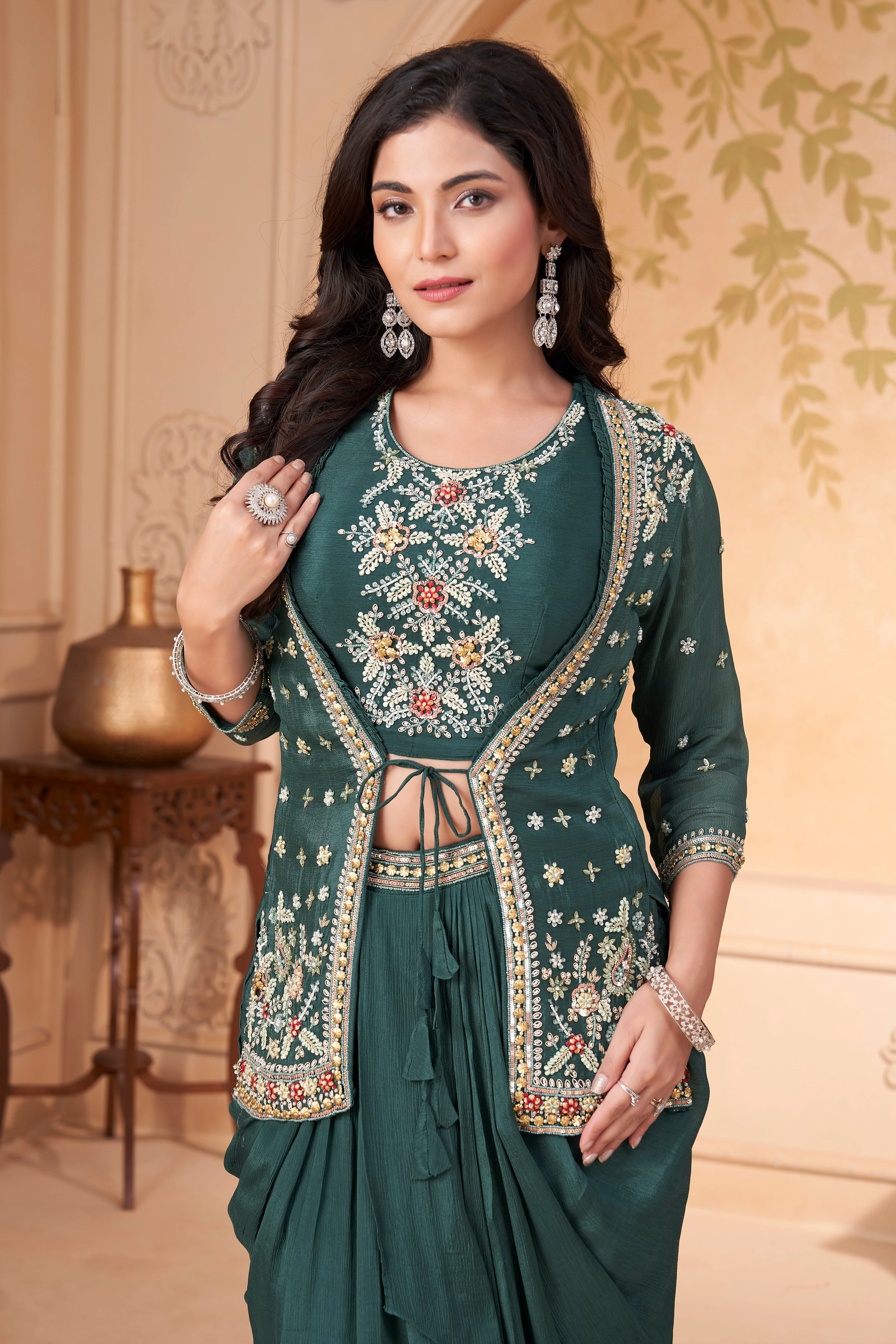 Pine Green Embellished Chinon Silk Skirt Set - Image 2