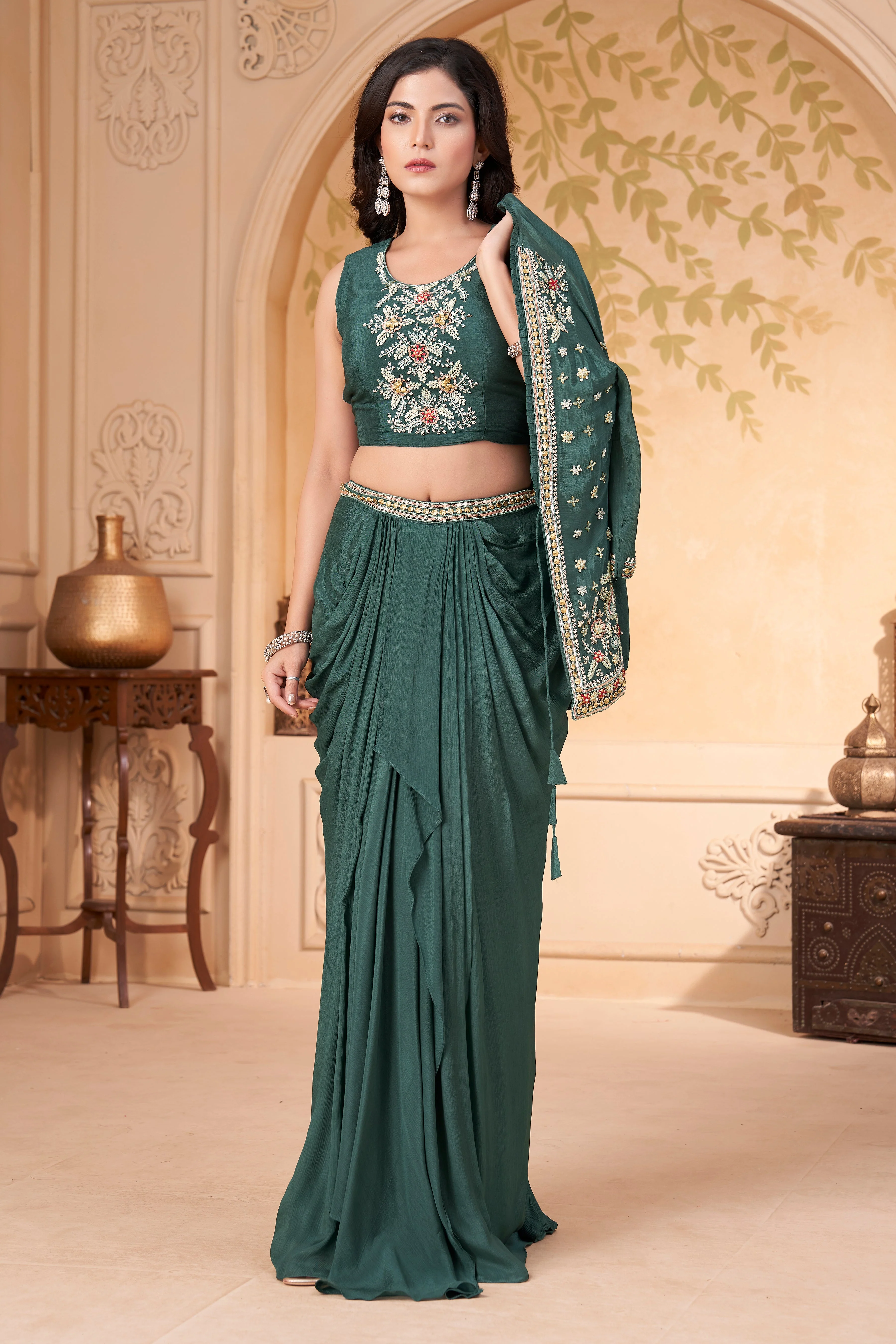 Pine Green Embellished Chinon Silk Skirt Set - Image 3