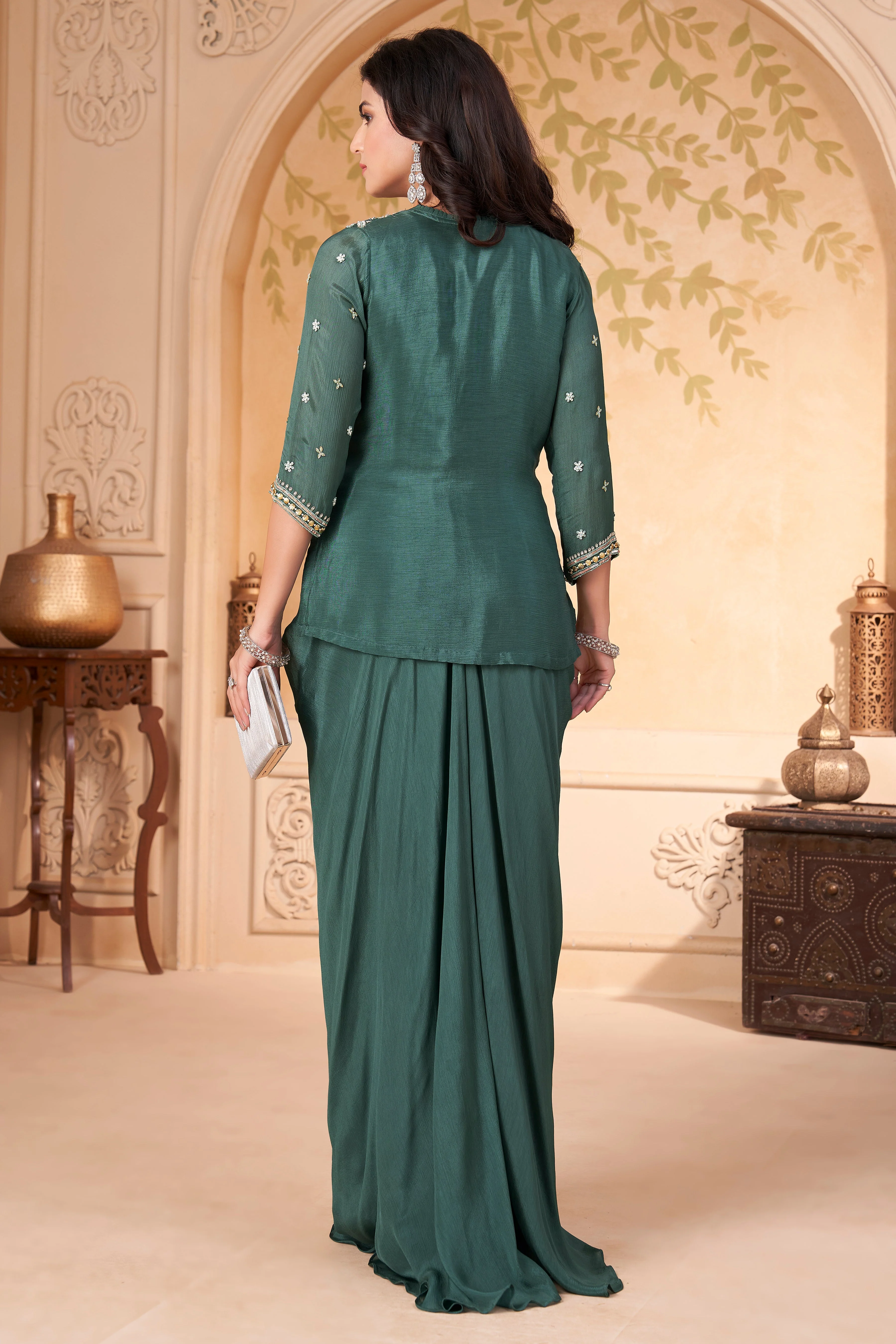 Pine Green Embellished Chinon Silk Skirt Set - Image 4