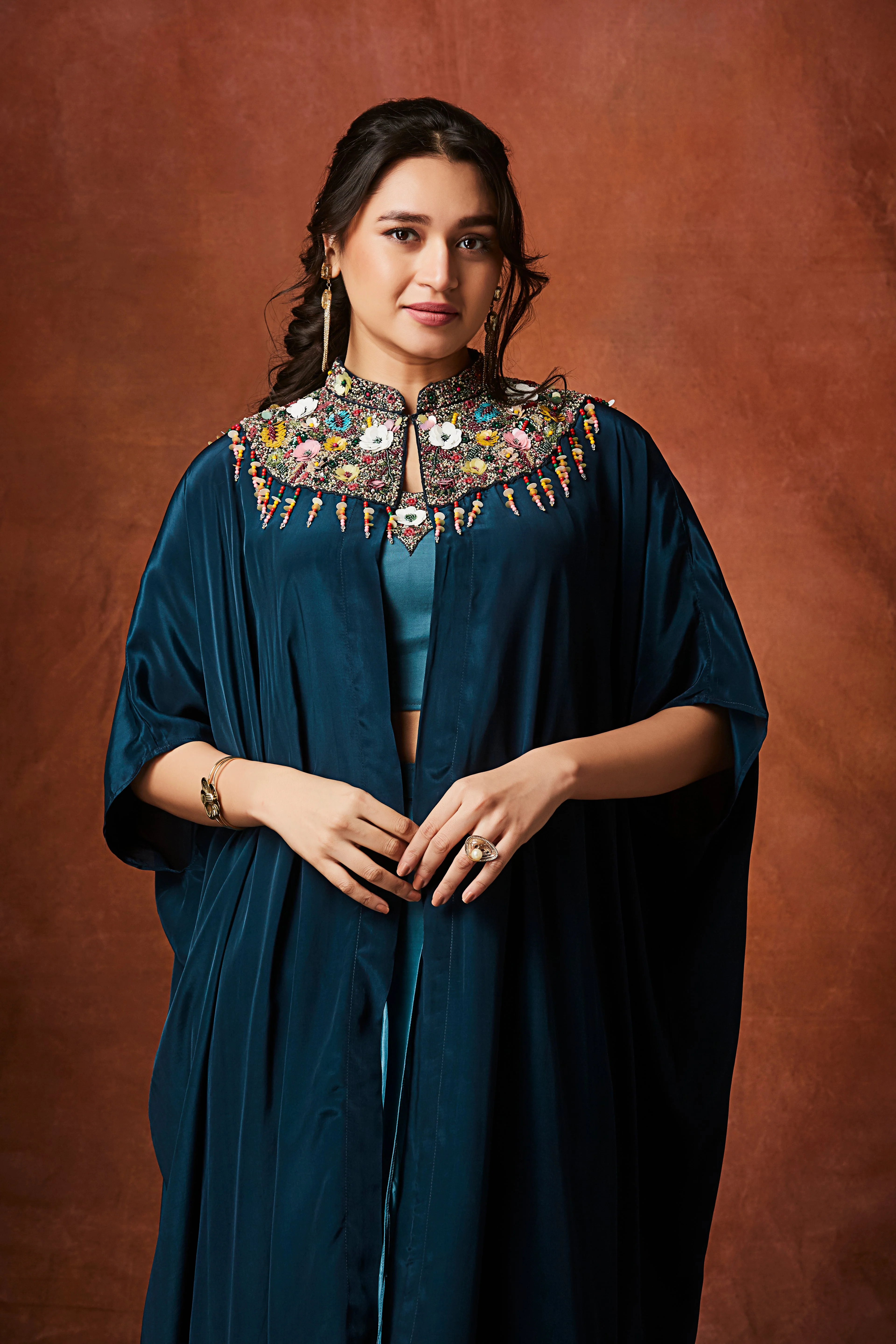 Deep Aqua Teal Embellished Crepe Silk Skirt Set - Image 2