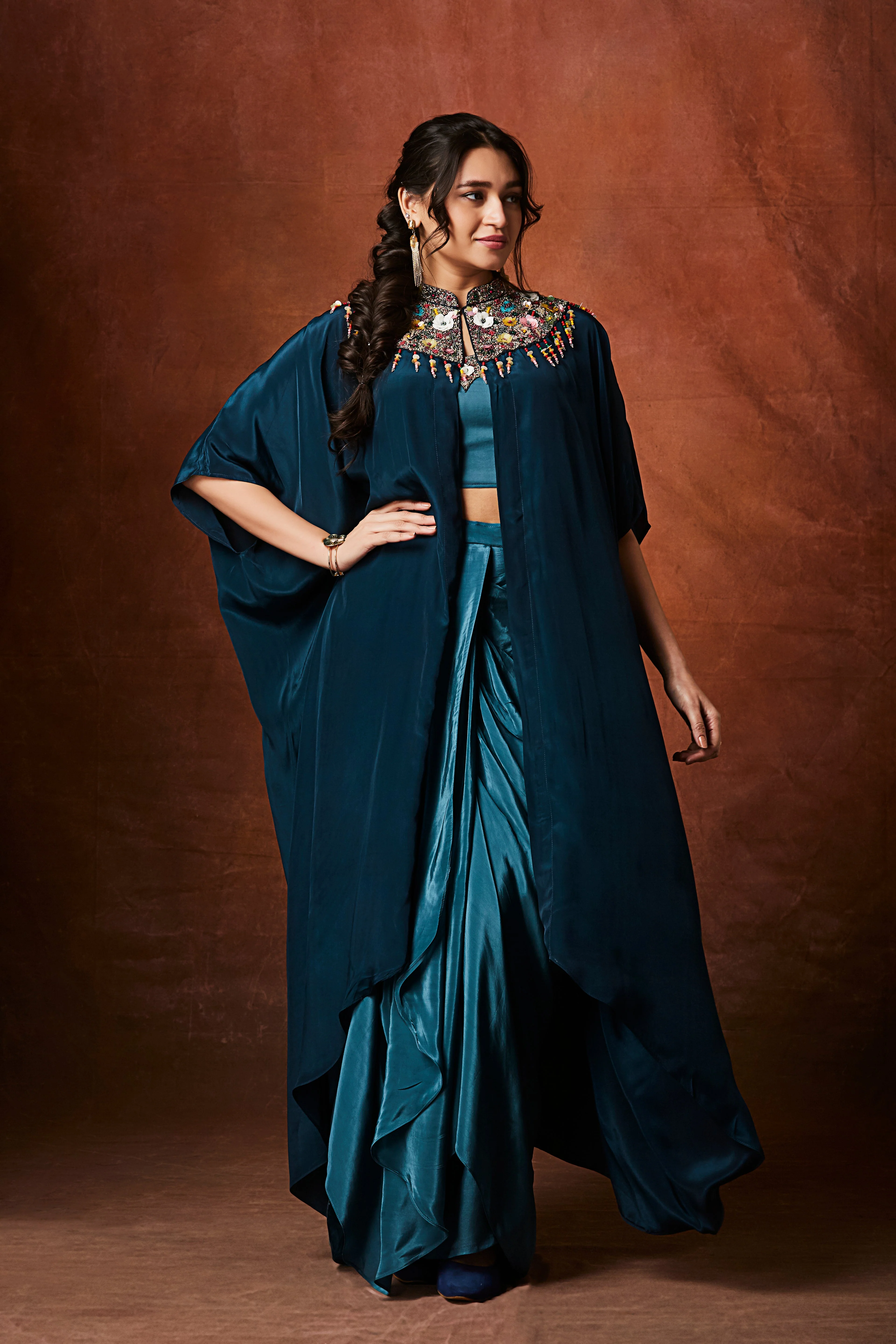 Deep Aqua Teal Embellished Crepe Silk Skirt Set - Image 3
