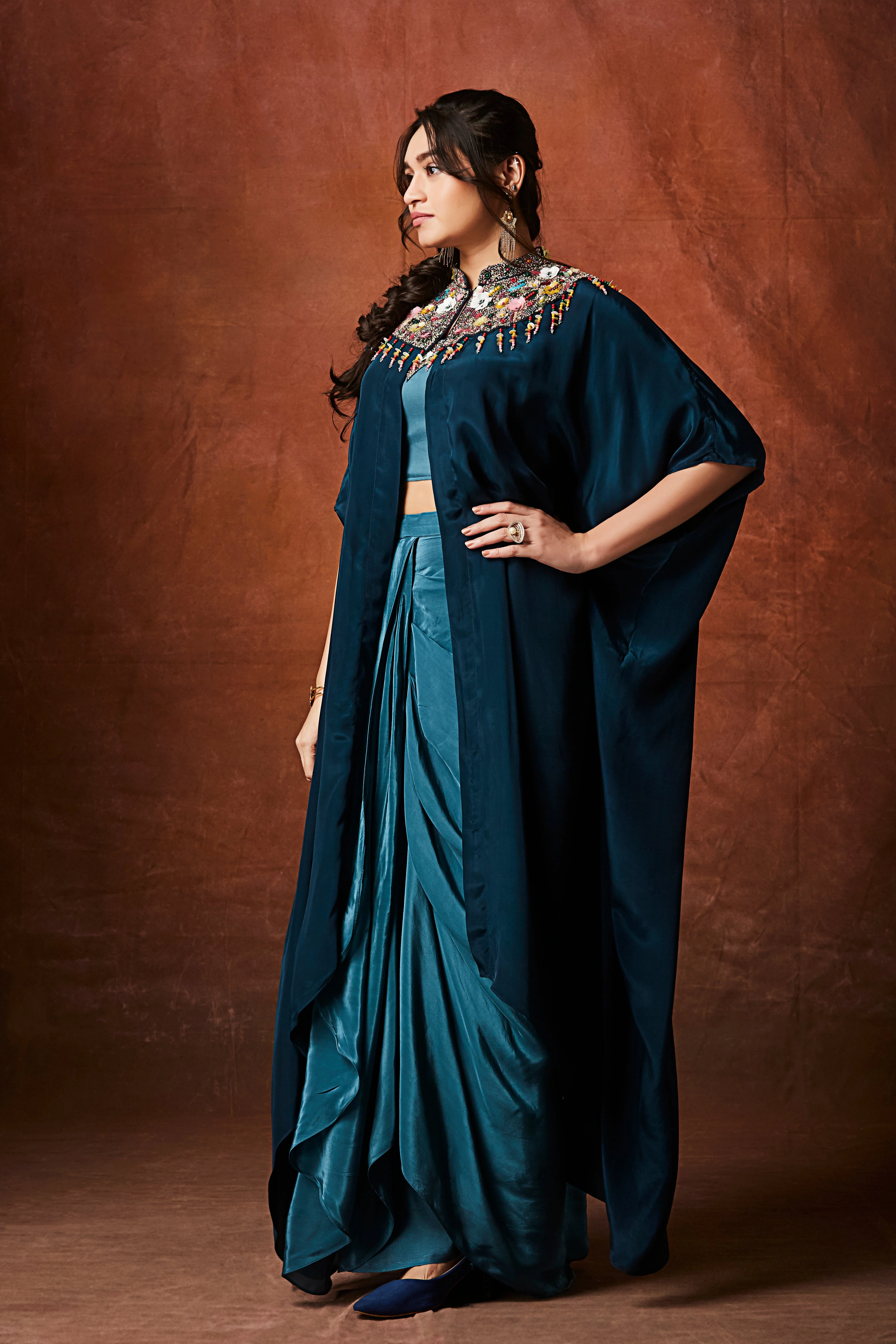 Deep Aqua Teal Embellished Crepe Silk Skirt Set - Image 4