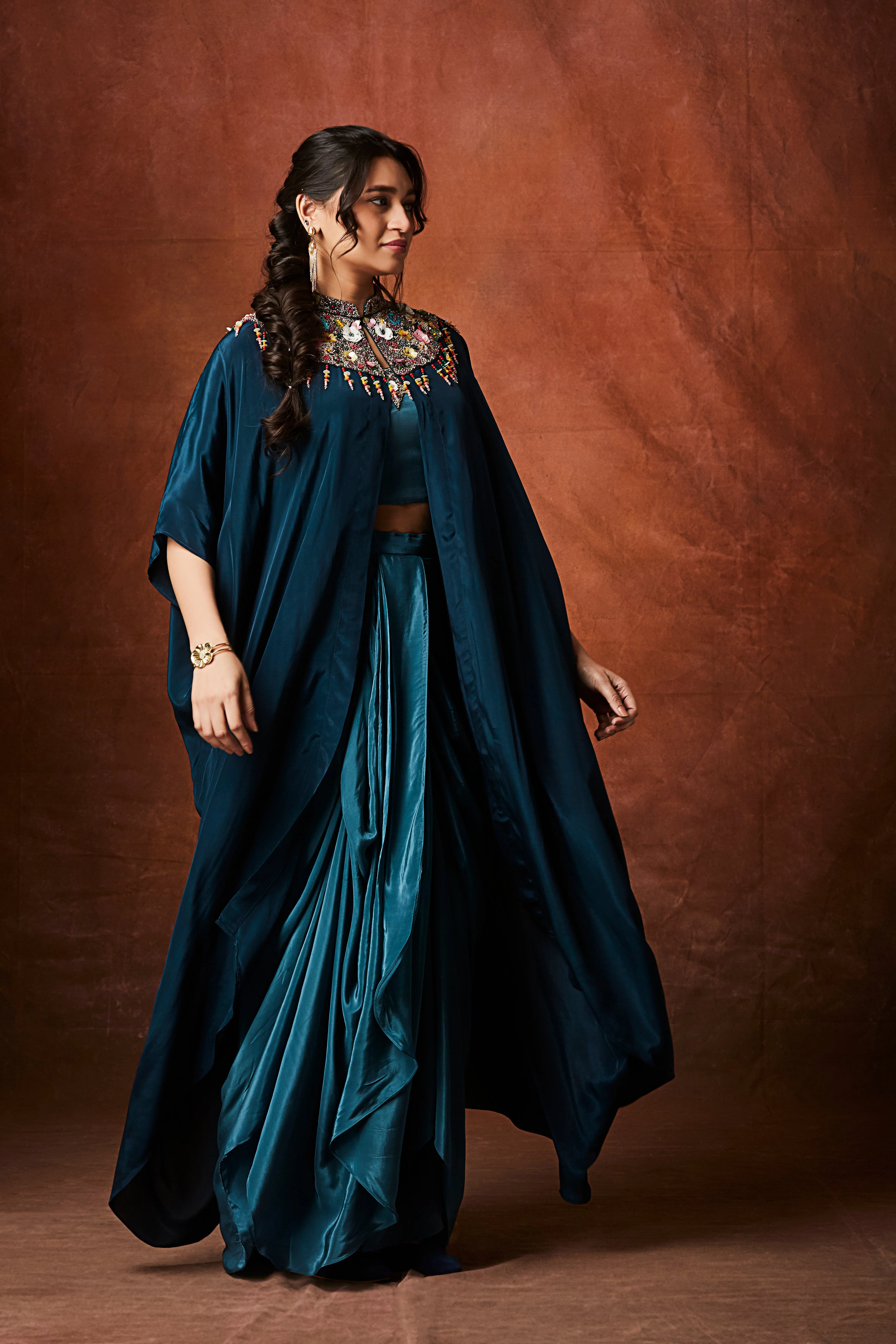 Deep Aqua Teal Embellished Crepe Silk Skirt Set - Image 5