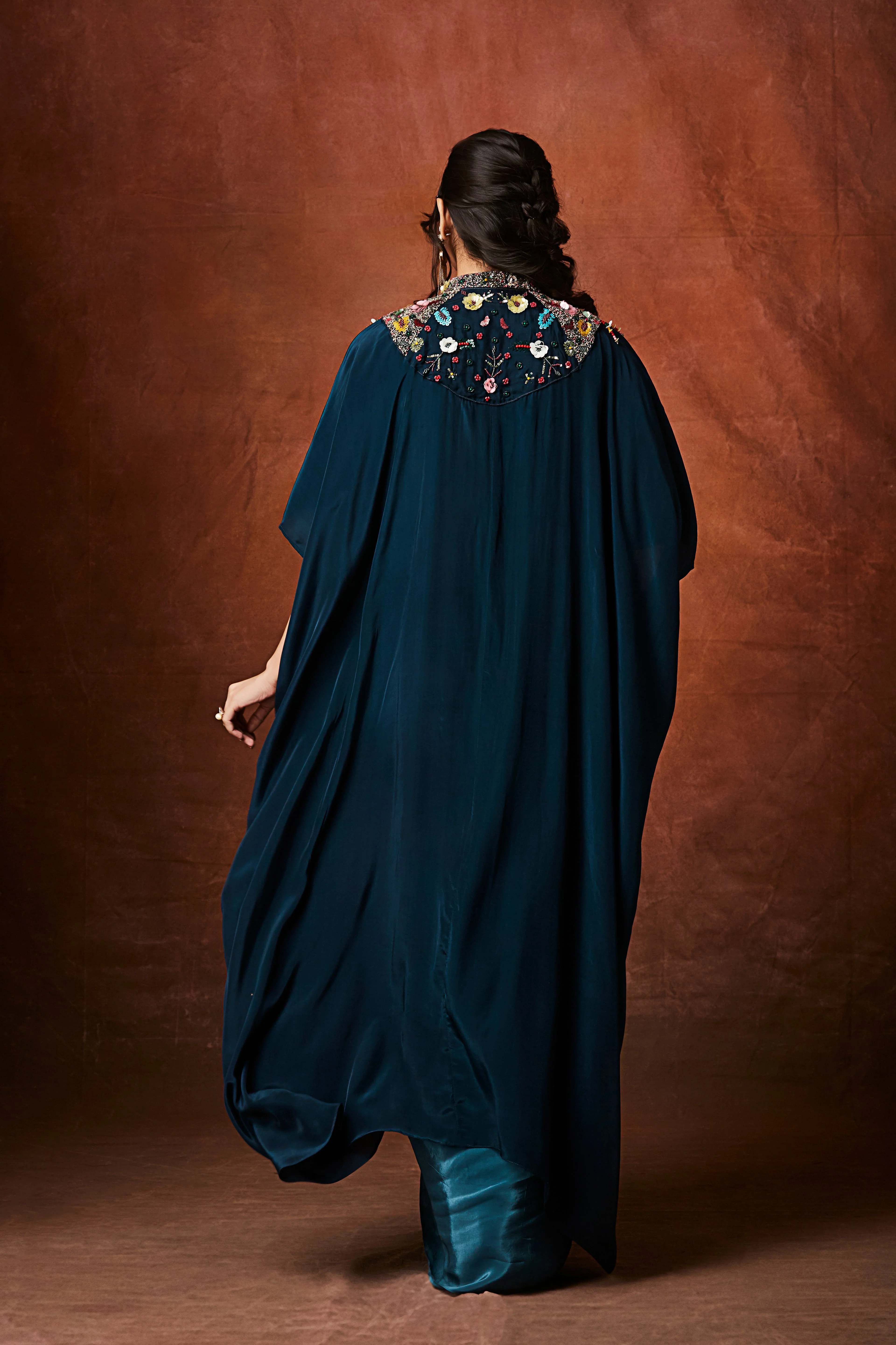 Deep Aqua Teal Embellished Crepe Silk Skirt Set - Image 6