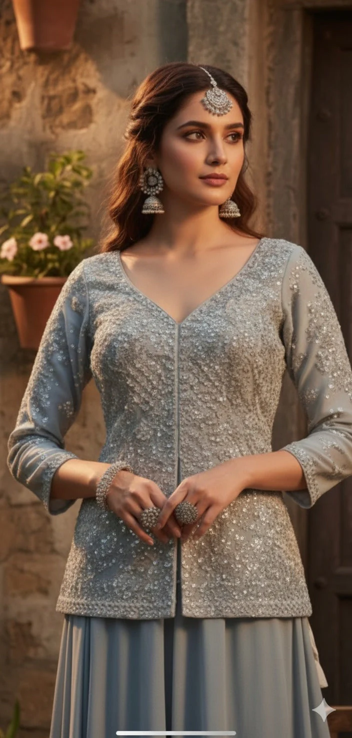 Slate Grey Embellished Georgette Silk Palazzo Set - Image 2