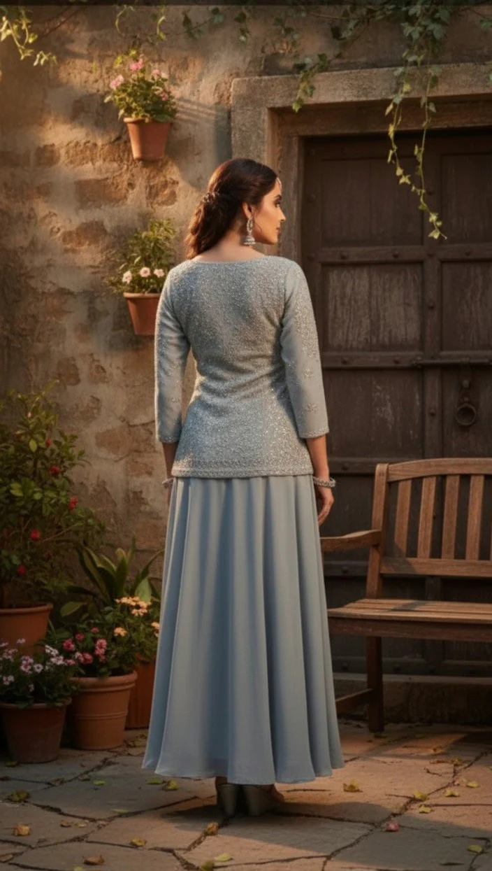 Slate Grey Embellished Georgette Silk Palazzo Set - Image 3