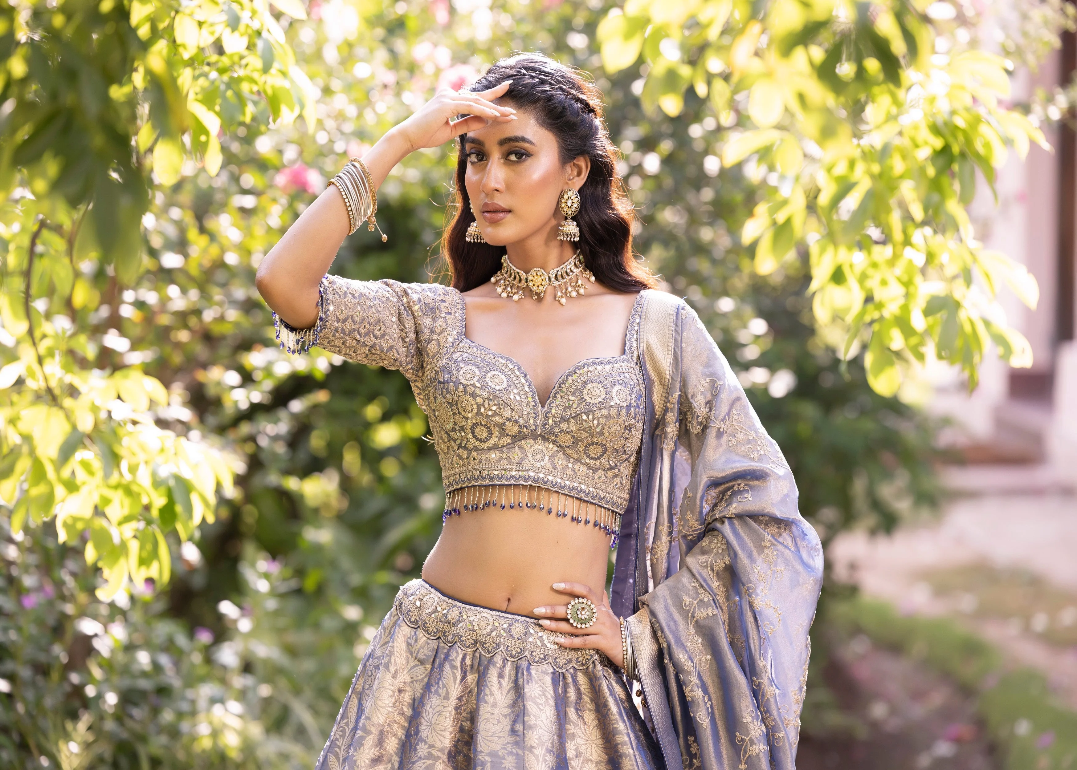 Slate Grey Embellished Banarasi Silk Lehenga Set - Image 2