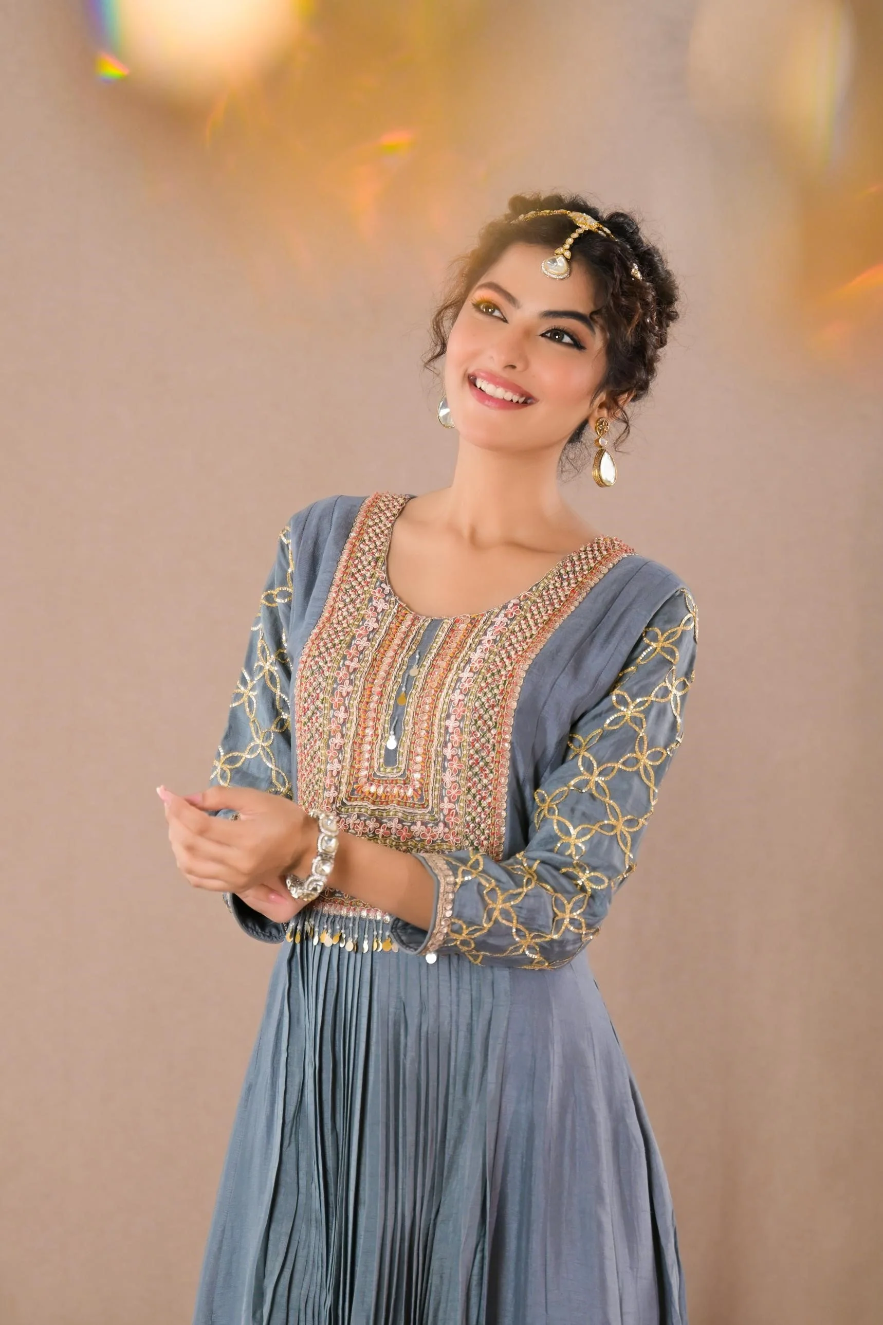 Slate Grey Embroidered Raw Silk Gown - Image 2