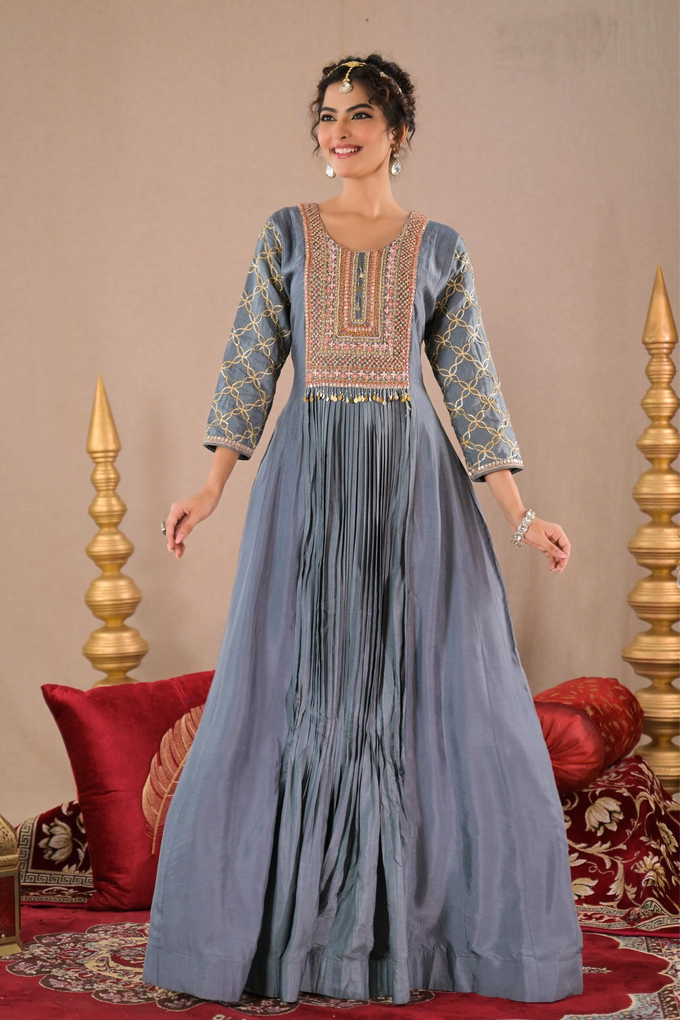 Slate Grey Embroidered Raw Silk Gown - Image 3