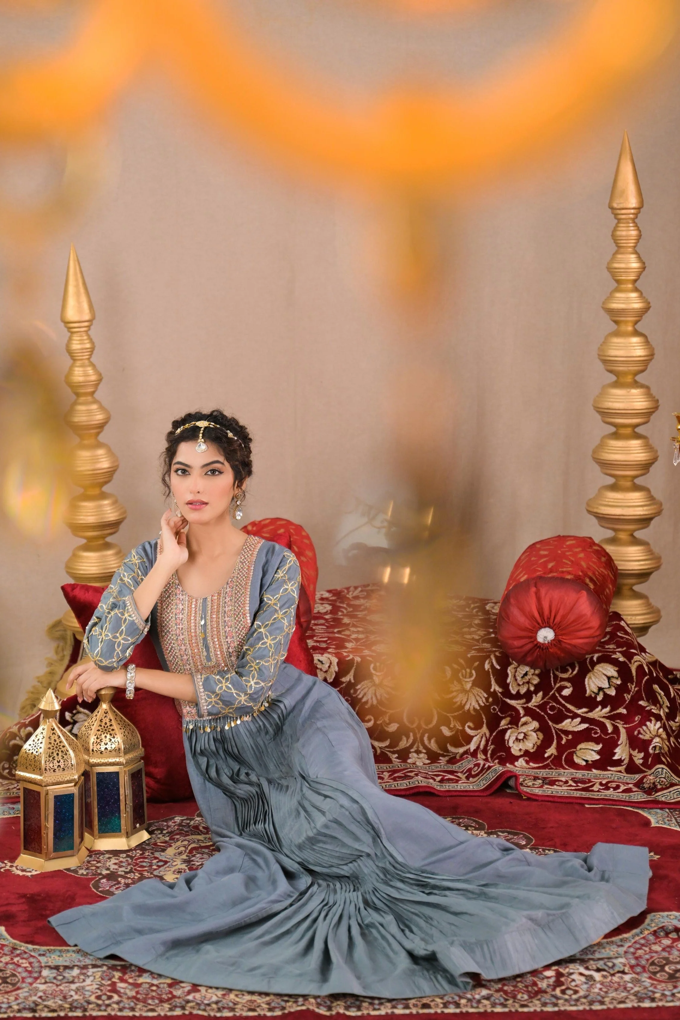 Slate Grey Embroidered Raw Silk Gown - Image 4